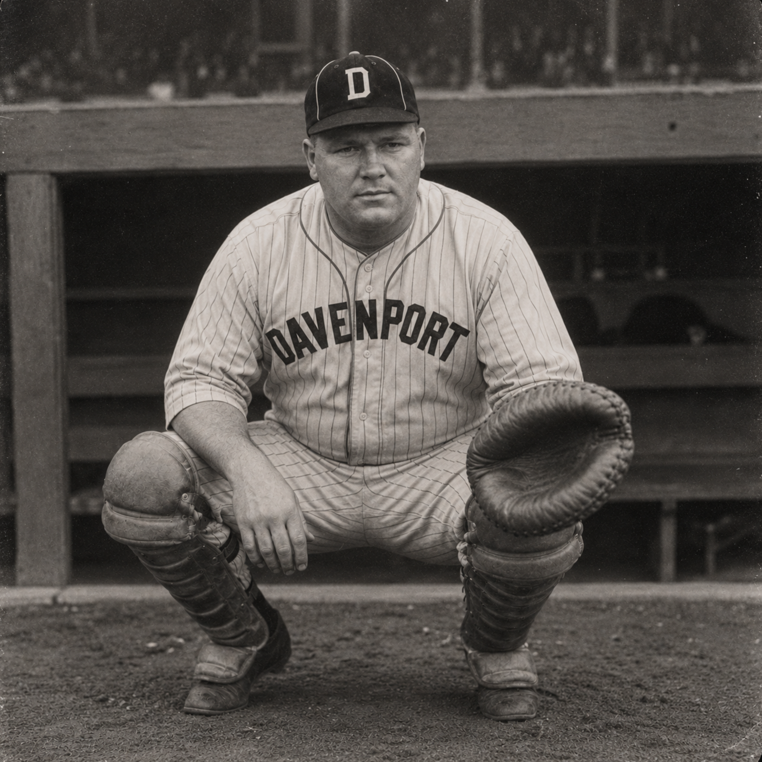 Black-and-white 1940s portrait of Eddie Larkin, catcher and club captain of the 1946 Davenport Deadheaders, wearing a Davenport uniform.