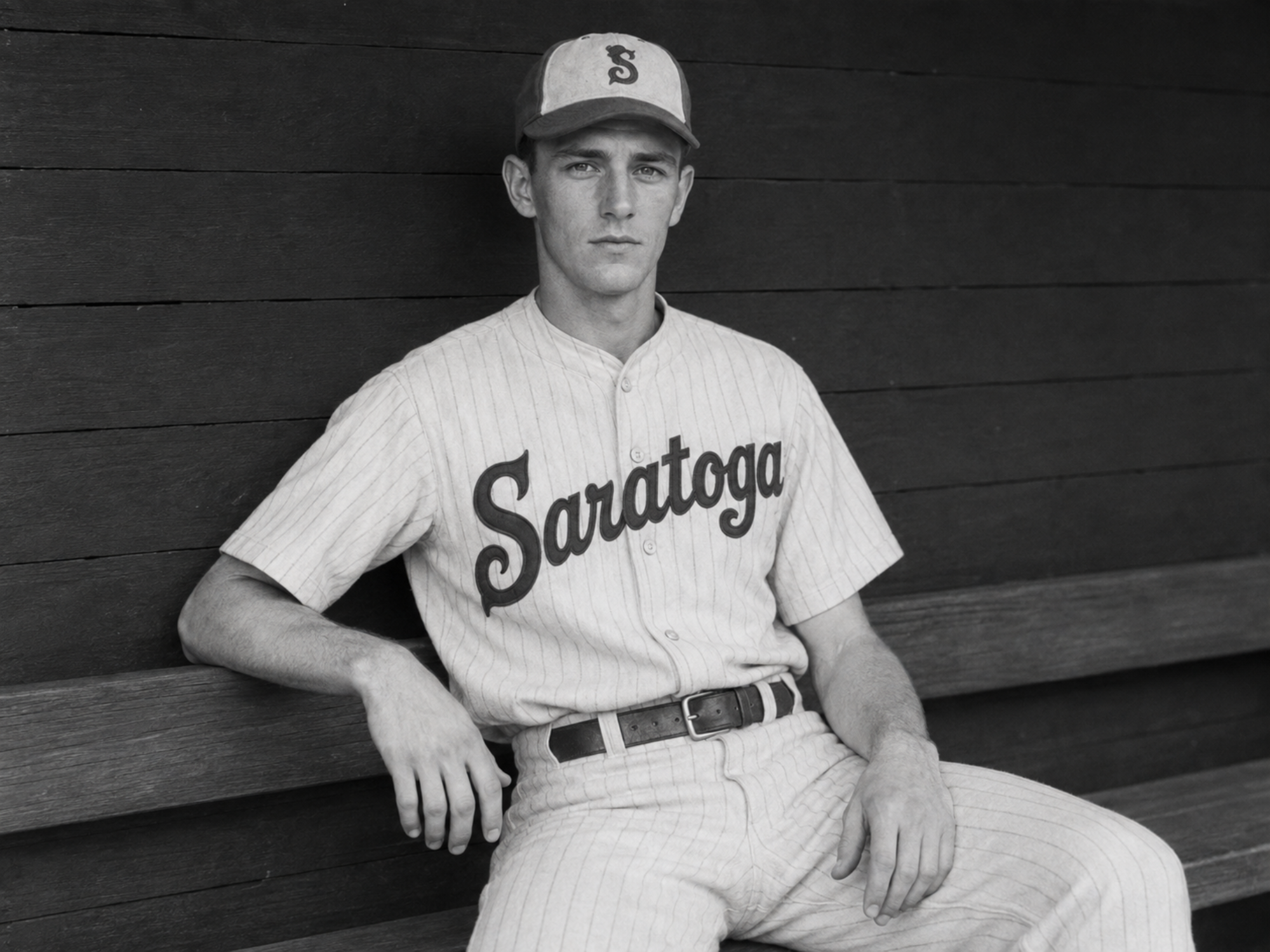 Sam Bell poses for his official Saratoga Springs Fascinators portrait sitting in the dugout of The Hatbox.