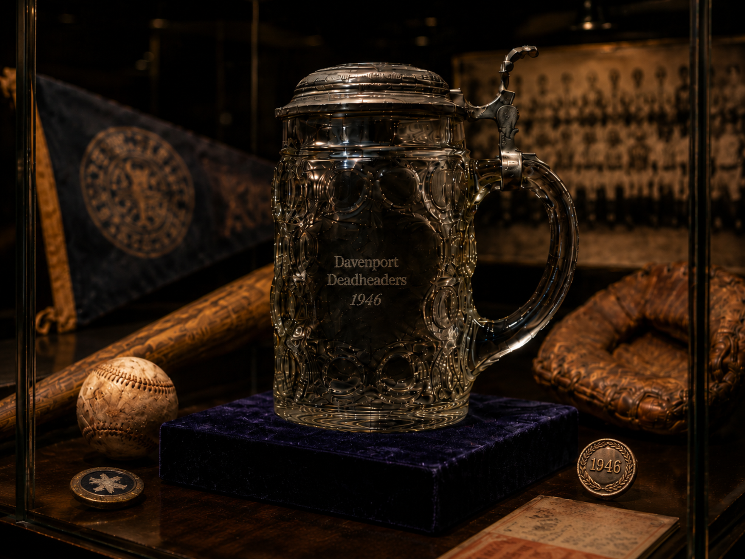 Museum display of a weathered dimpled-glass stein etched “Davenport Deadheaders 1946,” shown with softly focused baseball artifacts.