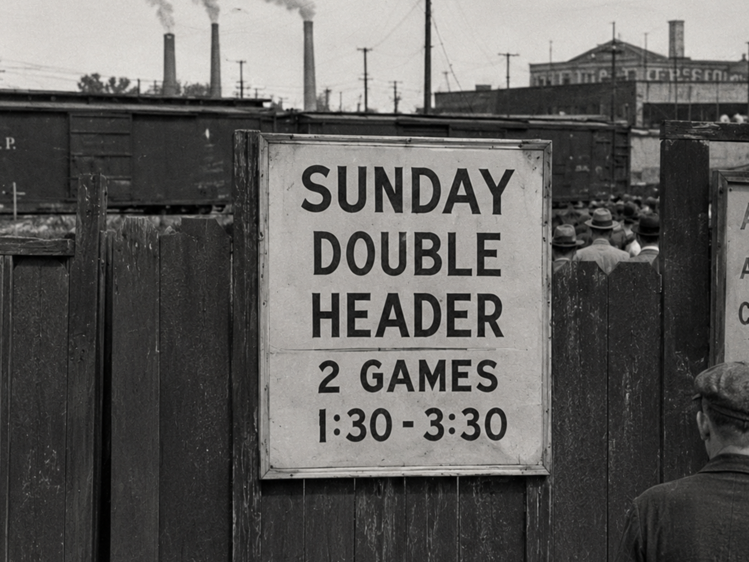 West End Park fence sign advertising a Sunday doubleheader, with freight cars and smokestacks beyond the ballpark.