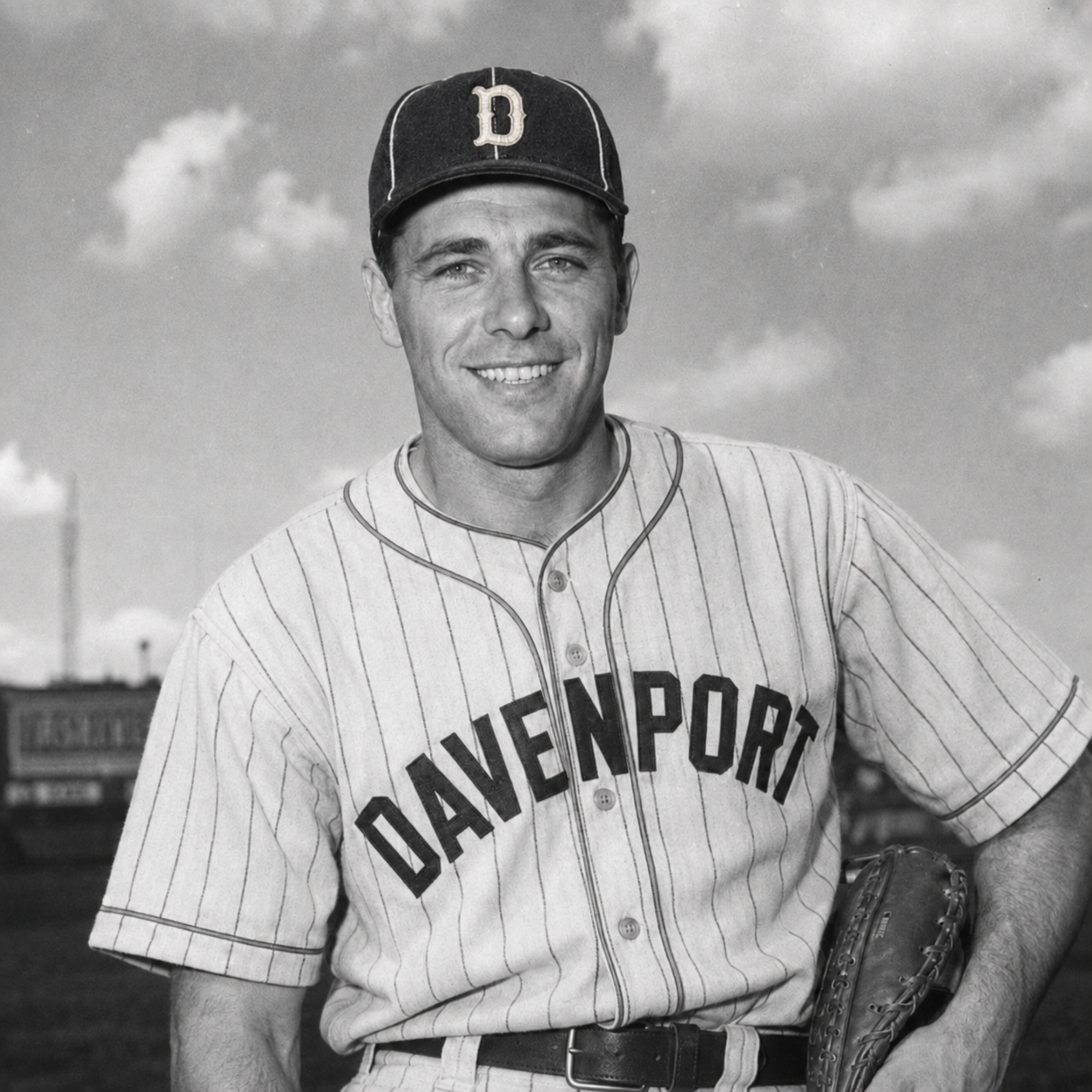 Black-and-white 1940s portrait of Frank DeLuca, first baseman for the 1946 Davenport Deadheaders, wearing a Davenport uniform.