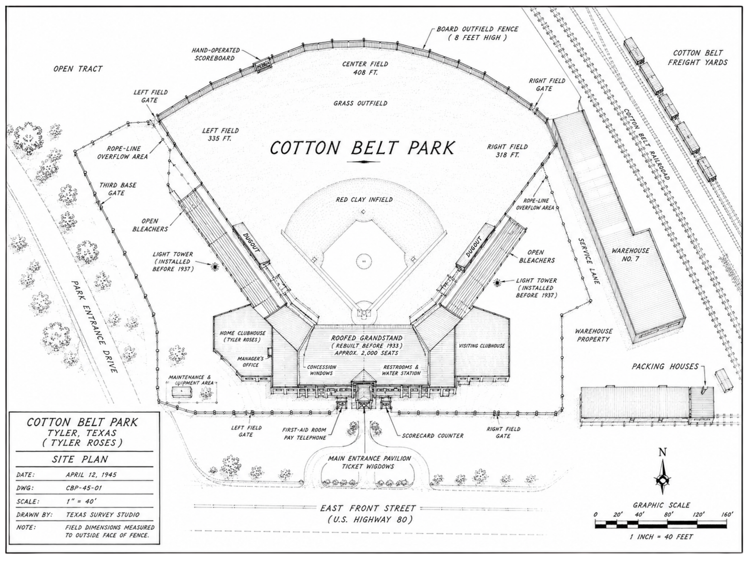 Illustrated 1945 site plan of Cotton Belt Park showing the 335-foot left-field line, 408-foot center field, 318-foot right-field line, left-center scoreboard, grandstand, bleachers, warehouse property, and Cotton Belt freight yards.
