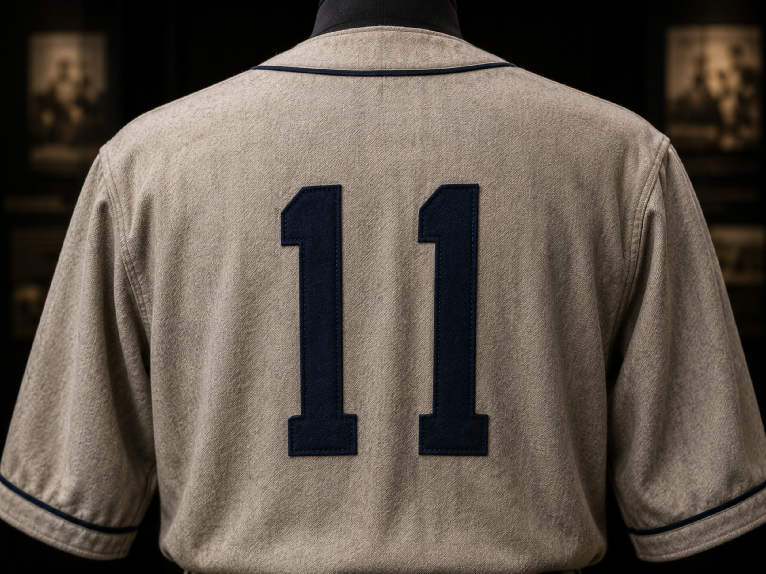 Close-up of the back of a gray Burnet Blue Bonnets travel jersey with dark-blue number 11 sewn onto the flannel.