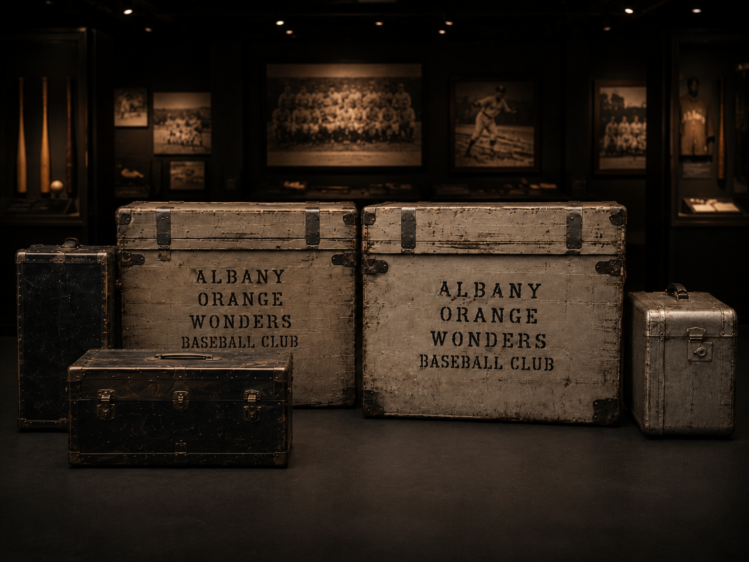 Albany Orange Wonders travel trunks displayed in a dark museum exhibit.