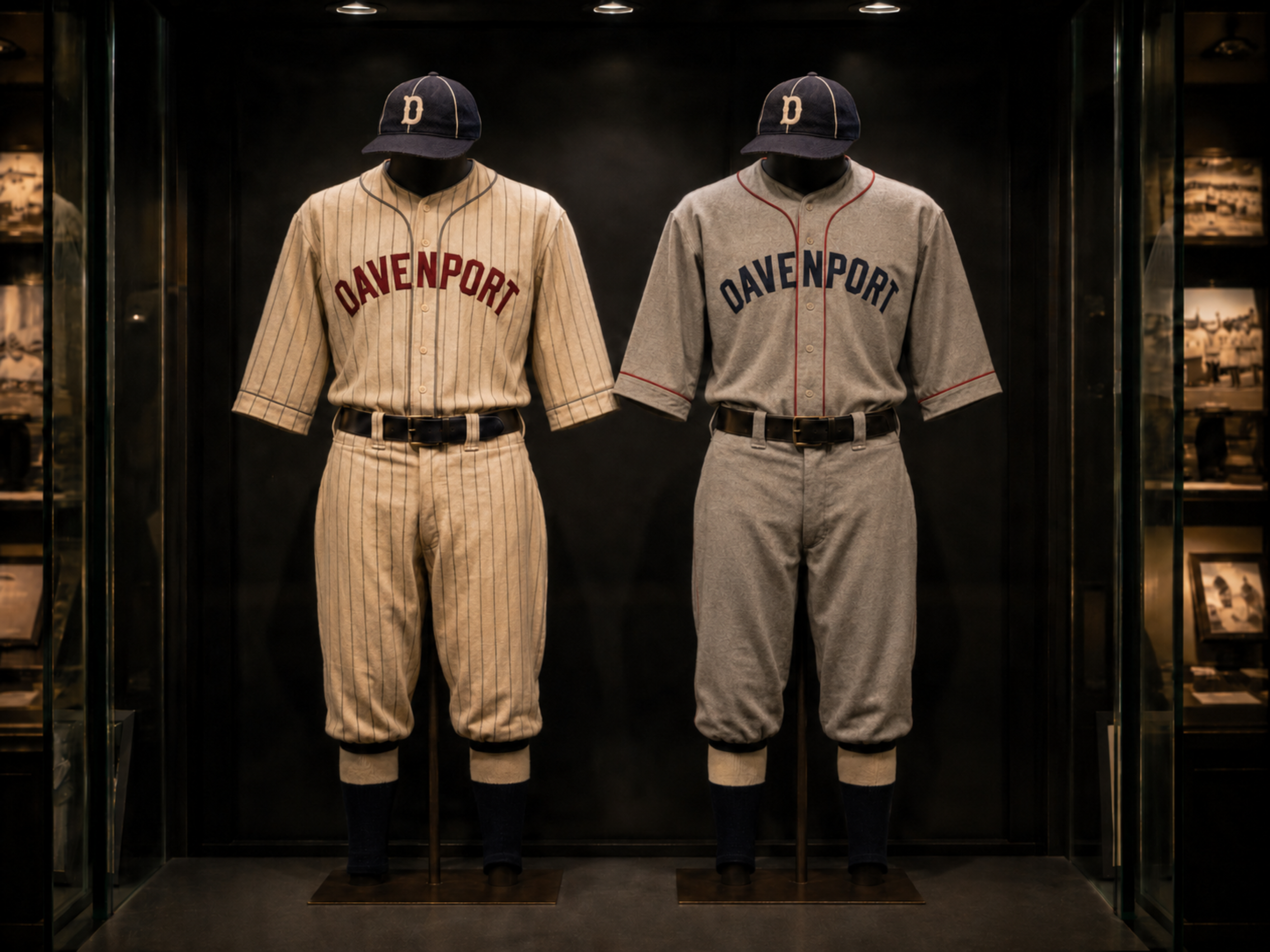 Davenport Deadheaders primary and travel baseball uniforms displayed side by side in a museum case, each with a navy cap bearing the cream block D.