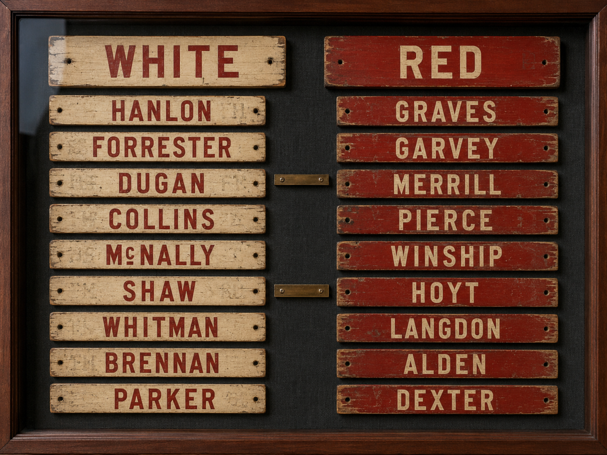 Preserved White and Red wooden player-name slats from The Hatbox lineup board are arranged in a museum display.