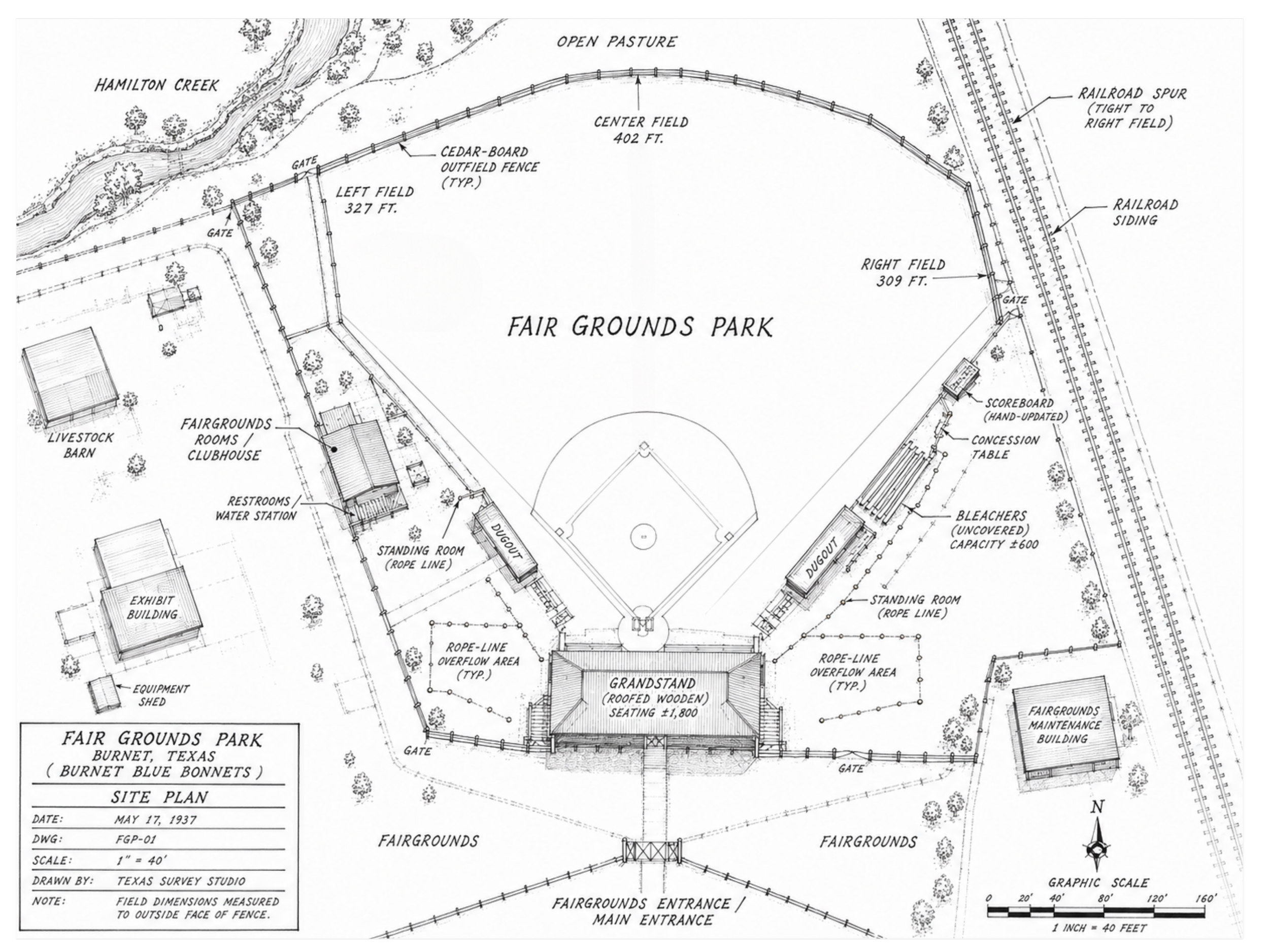 Illustrated 1937 site plan of Fair Grounds Park in Burnet, showing field dimensions, grandstand, bleachers, railroad siding, and fairgrounds buildings.