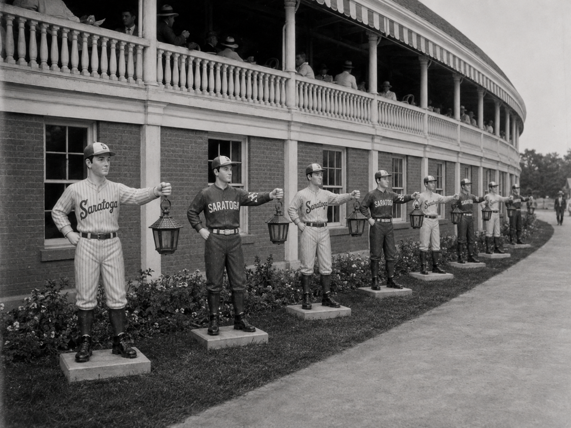 Cast lawn jockeys wearing alternating White and Red Fascinators uniforms line the entrance walk outside The Hatbox.
