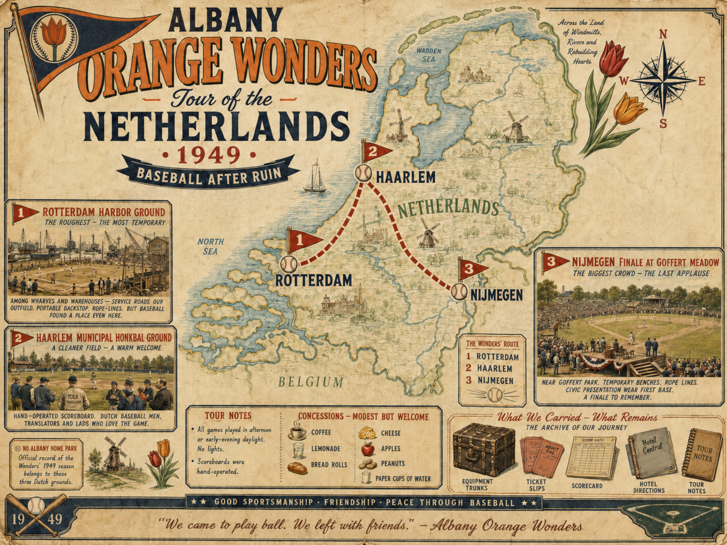 Illustrated map of the Albany Orange Wonders’ 1949 Netherlands tour from Rotterdam to Haarlem to Nijmegen.