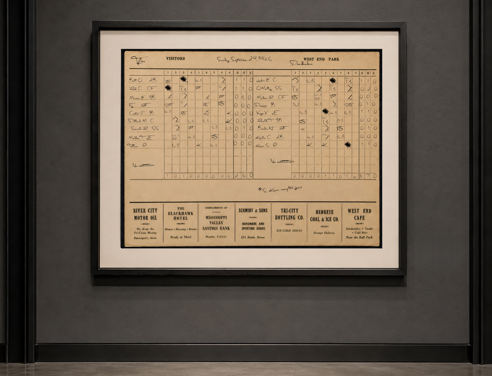 Enlarged reproduction of the completed Tyler-Davenport Game Seven baseball scorecard, framed and mounted in The Ball Club Register Museum.