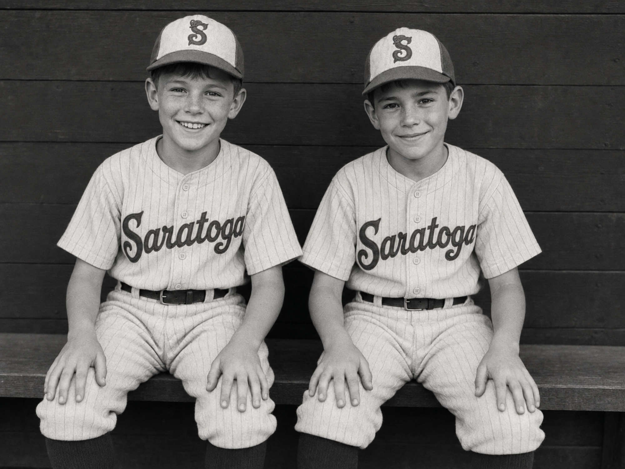Two Fascinators bat boys in white pinstriped uniforms sit together on the dugout bench beside bats and equipment.