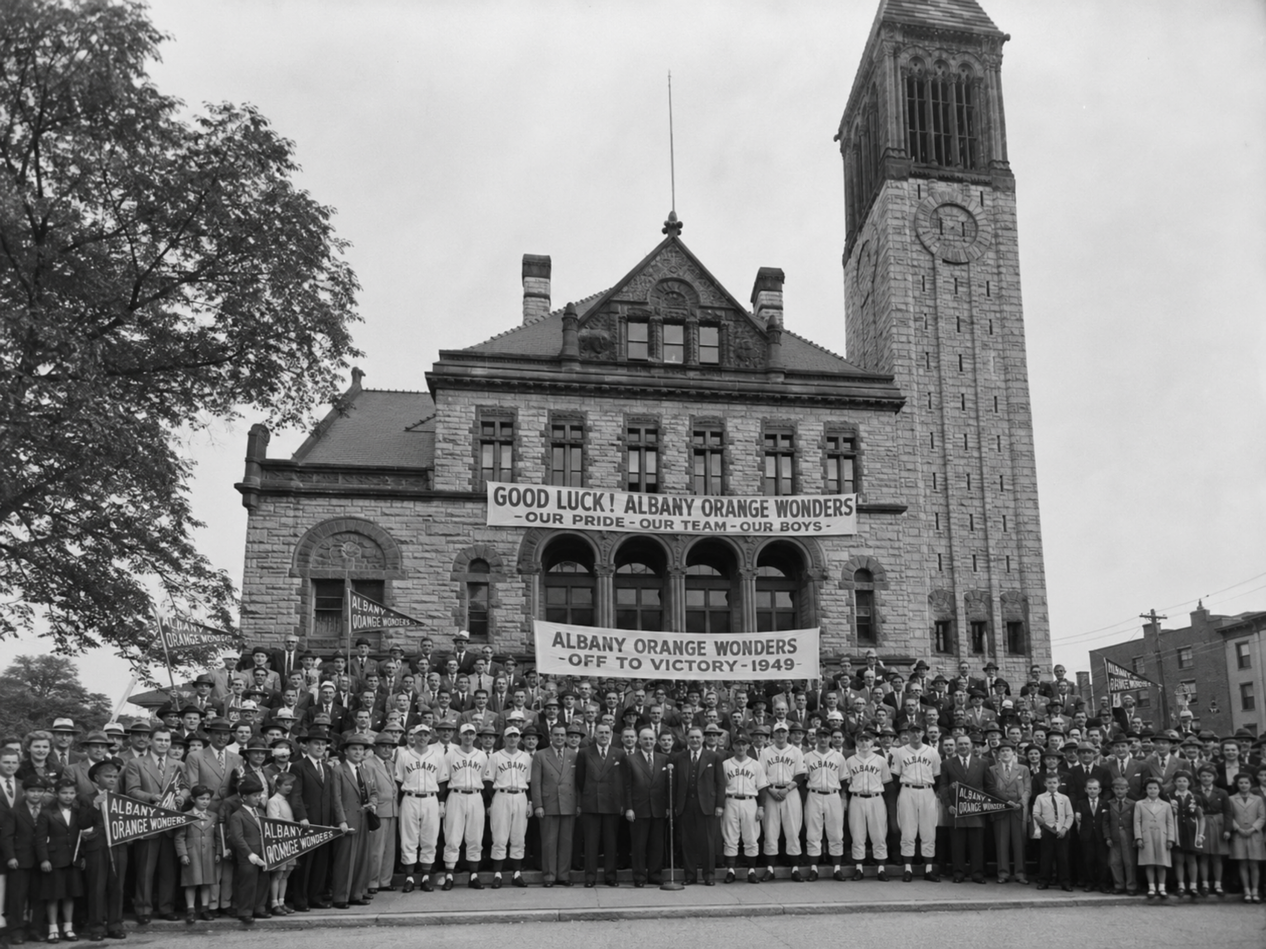 Black-and-white 1949 sendoff crowd for the Albany Orange Wonders on the steps of Albany City Hall.