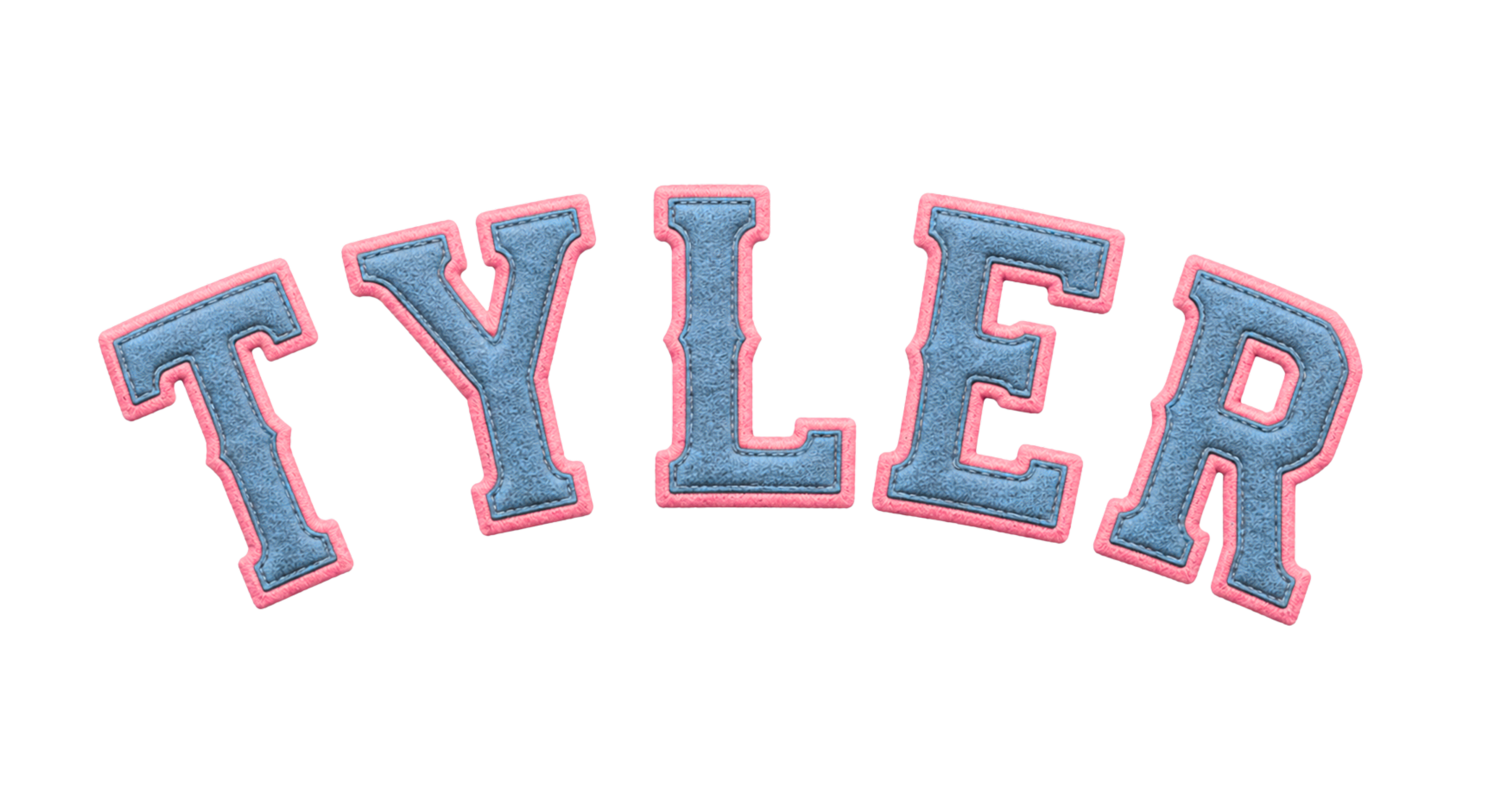 Embroidered powder-blue TYLER wordmark with rose-pink edging used on the Tyler Roses travel uniform.