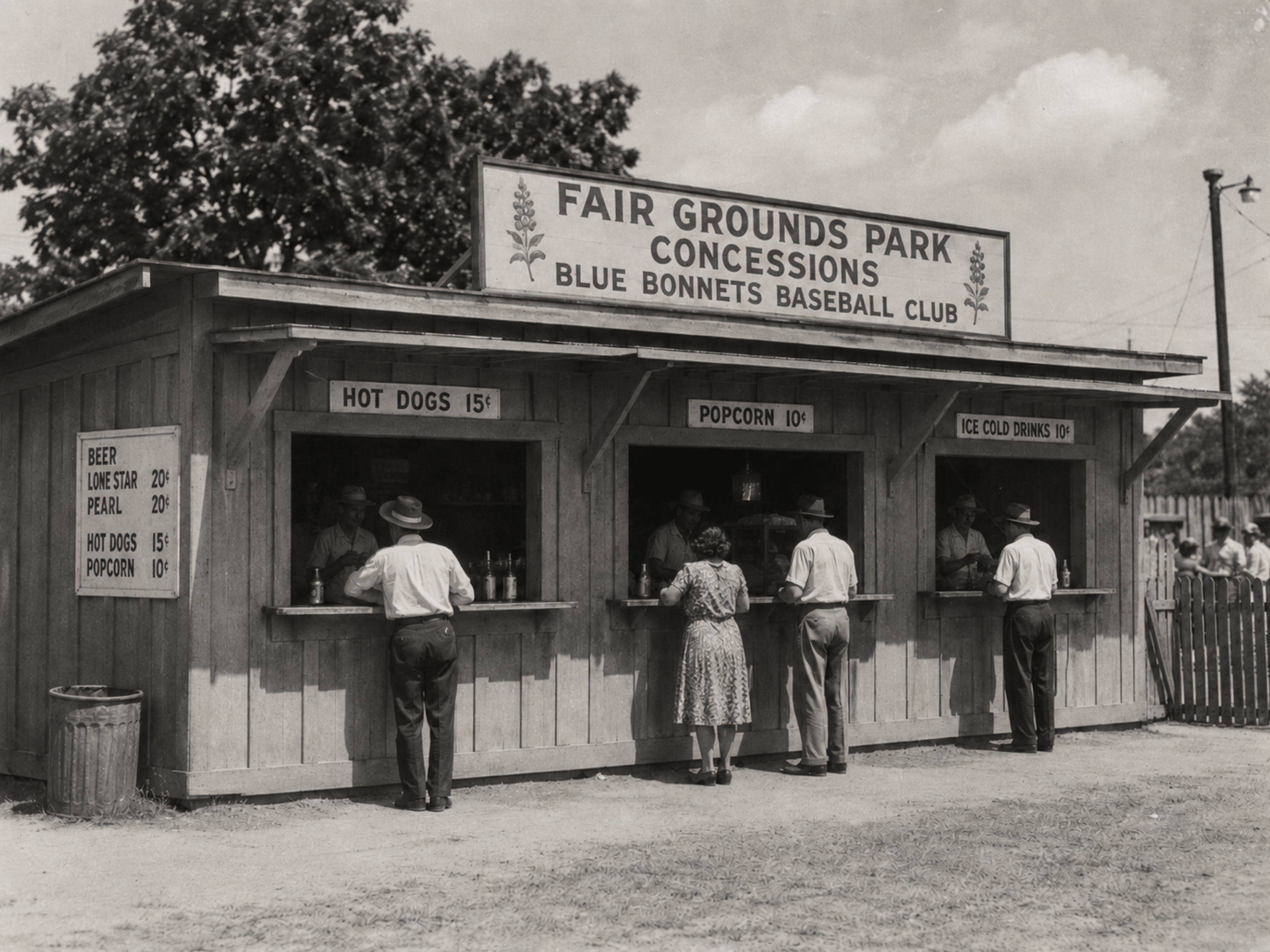 Black-and-white 1940s photograph of the wooden Fair Grounds Park concession counter at the far end of the first-base bleachers, with spectators ordering through service windows beneath Blue Bonnets baseball signage.