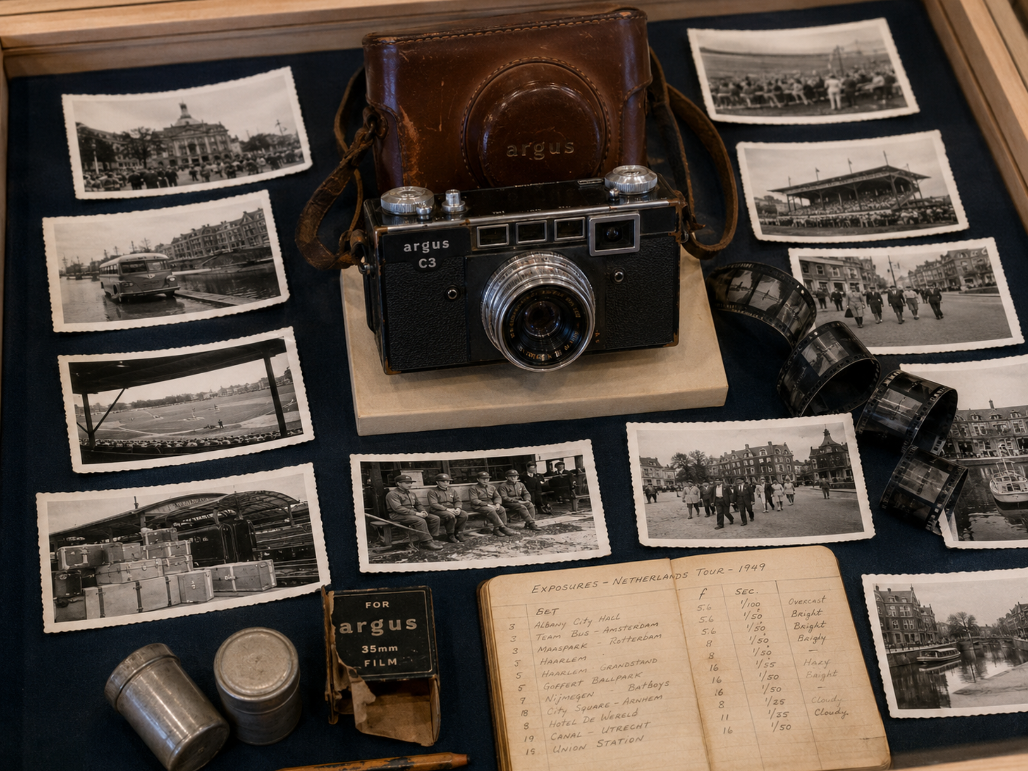 An Argus C3 camera and its leather case displayed in a blonde-wood museum vitrine, surrounded by black-and-white travel photographs, contact strips, film canisters, a film box, an exposure notebook and a pencil.