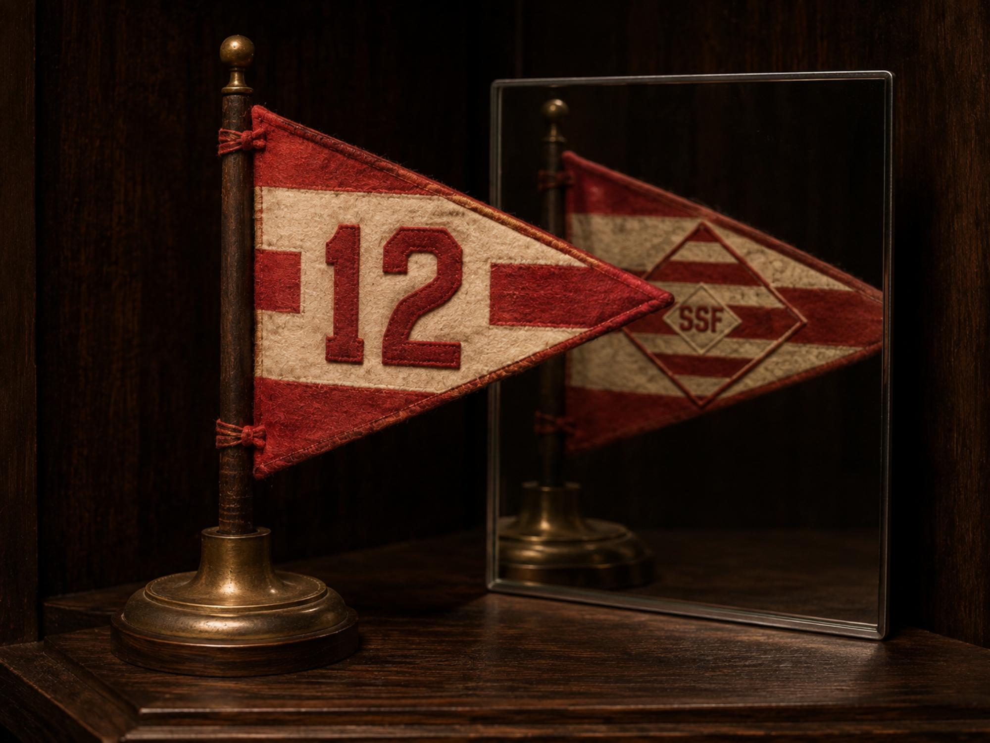 A preserved red-and-white Hatbox table-number pennant displayed with its brass holder.