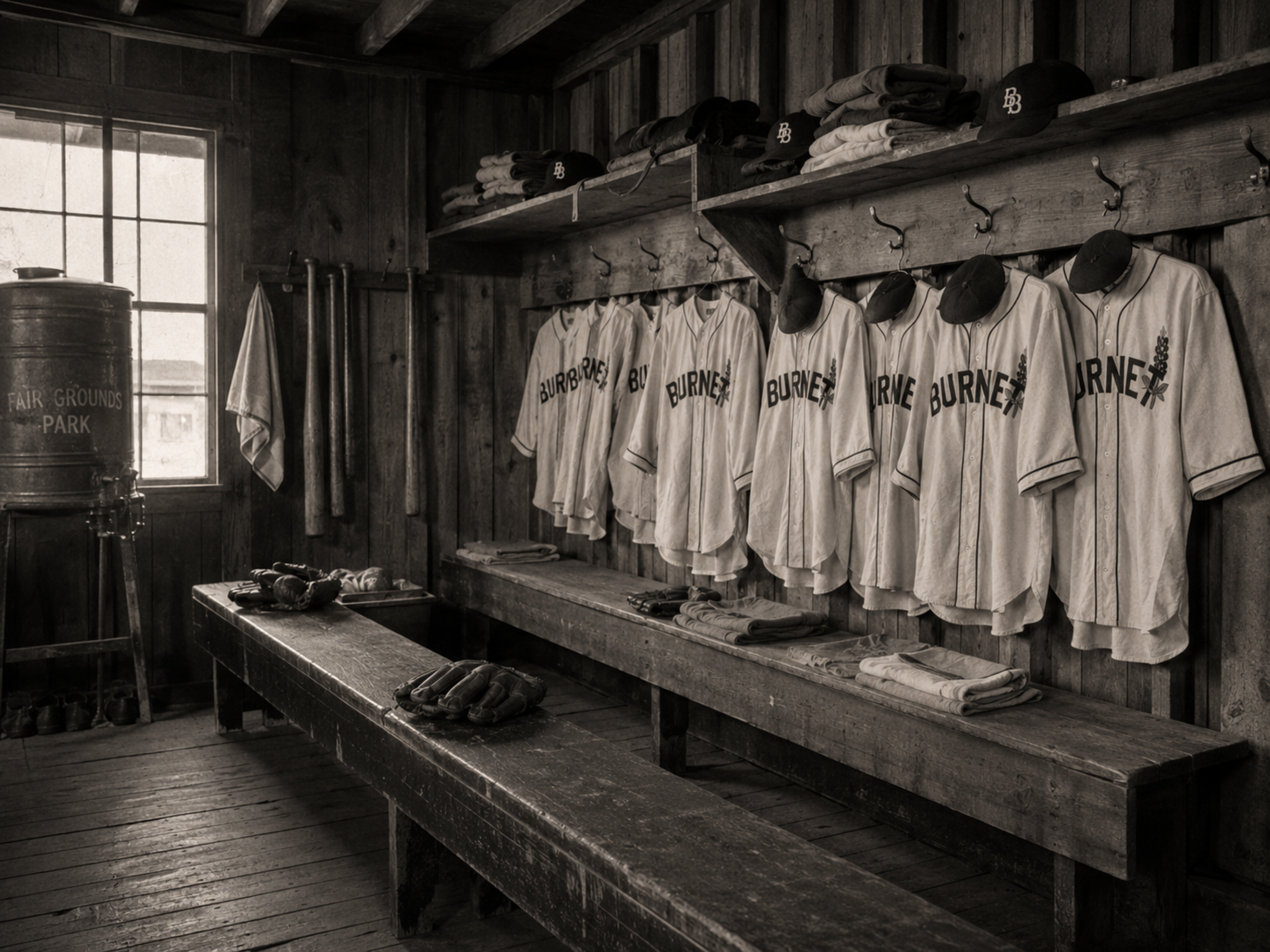 Black-and-white 1940s photograph of the Burnet Blue Bonnets home clubhouse at Fair Grounds Park, with uniforms hanging on wooden walls, caps on shelves, bats, gloves, benches, and a water tank.