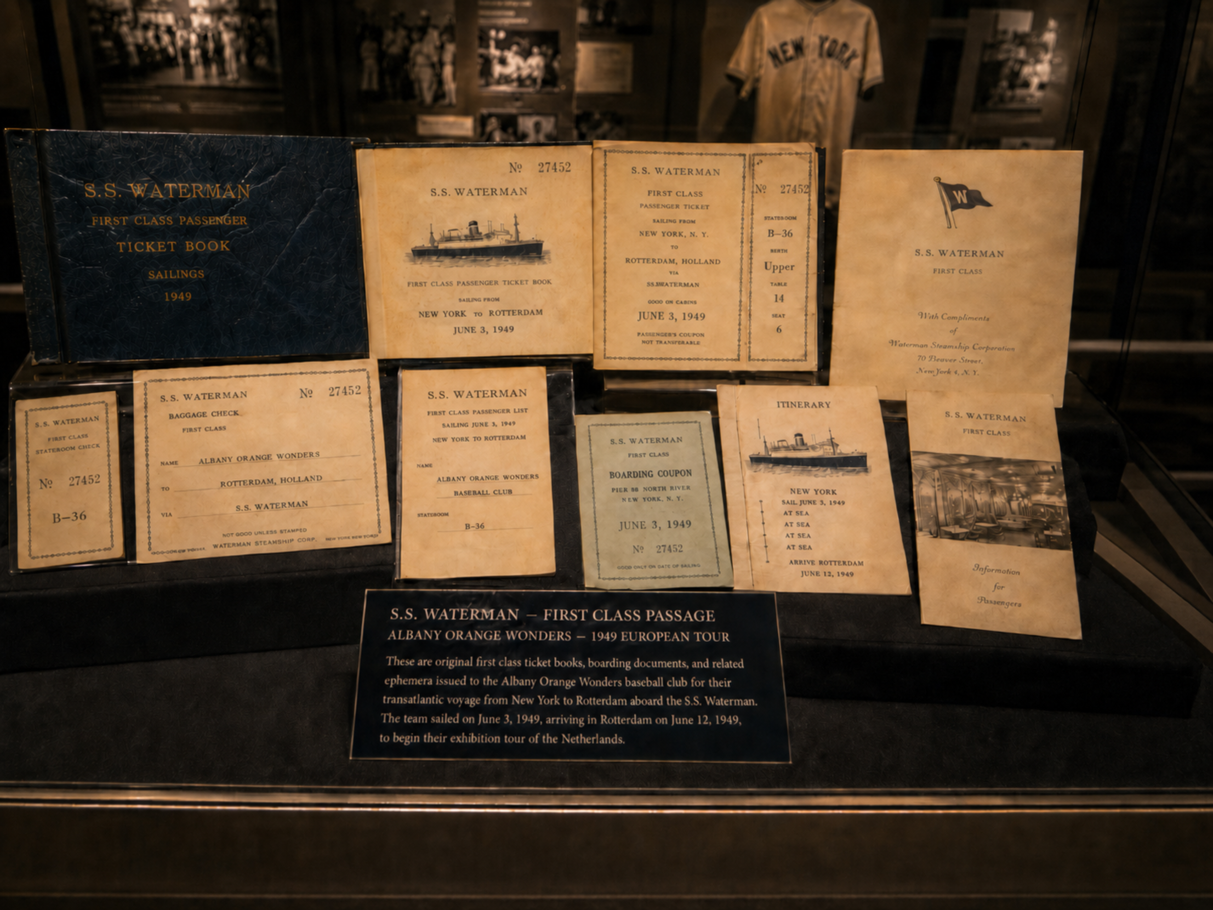 S.S. Waterman first-class ticket books and boarding documents for the Albany Orange Wonders Netherlands tour.