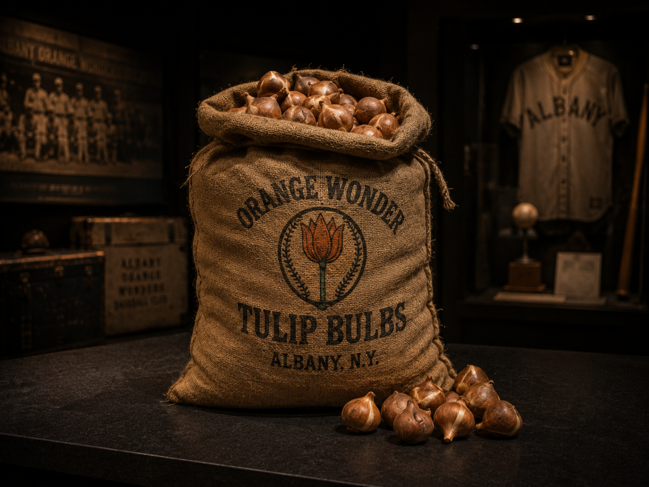 A sack of Orange Wonder tulip bulbs, representing the bulbs presented to the team delegation before departing the Netherlands for New York.