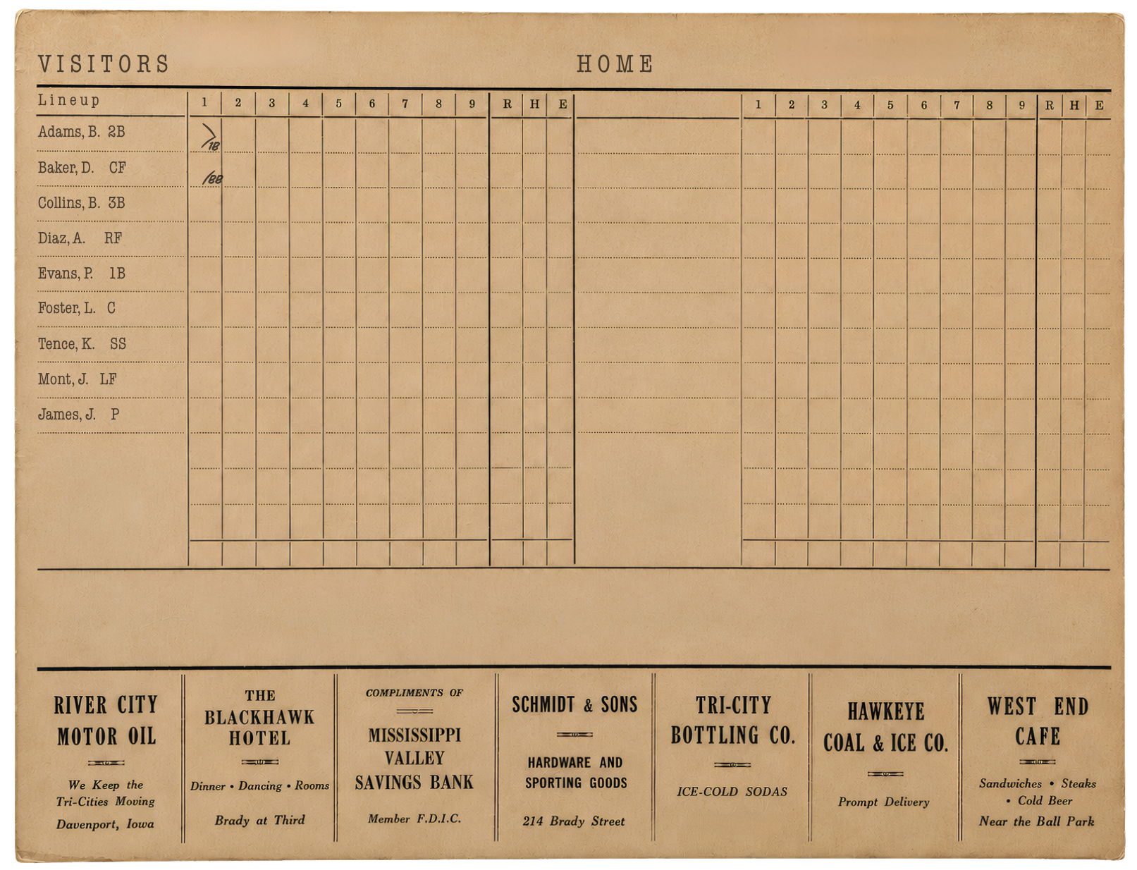 Scorecard after Baker walks, showing Baker on first and Adams forced to second with no outs.