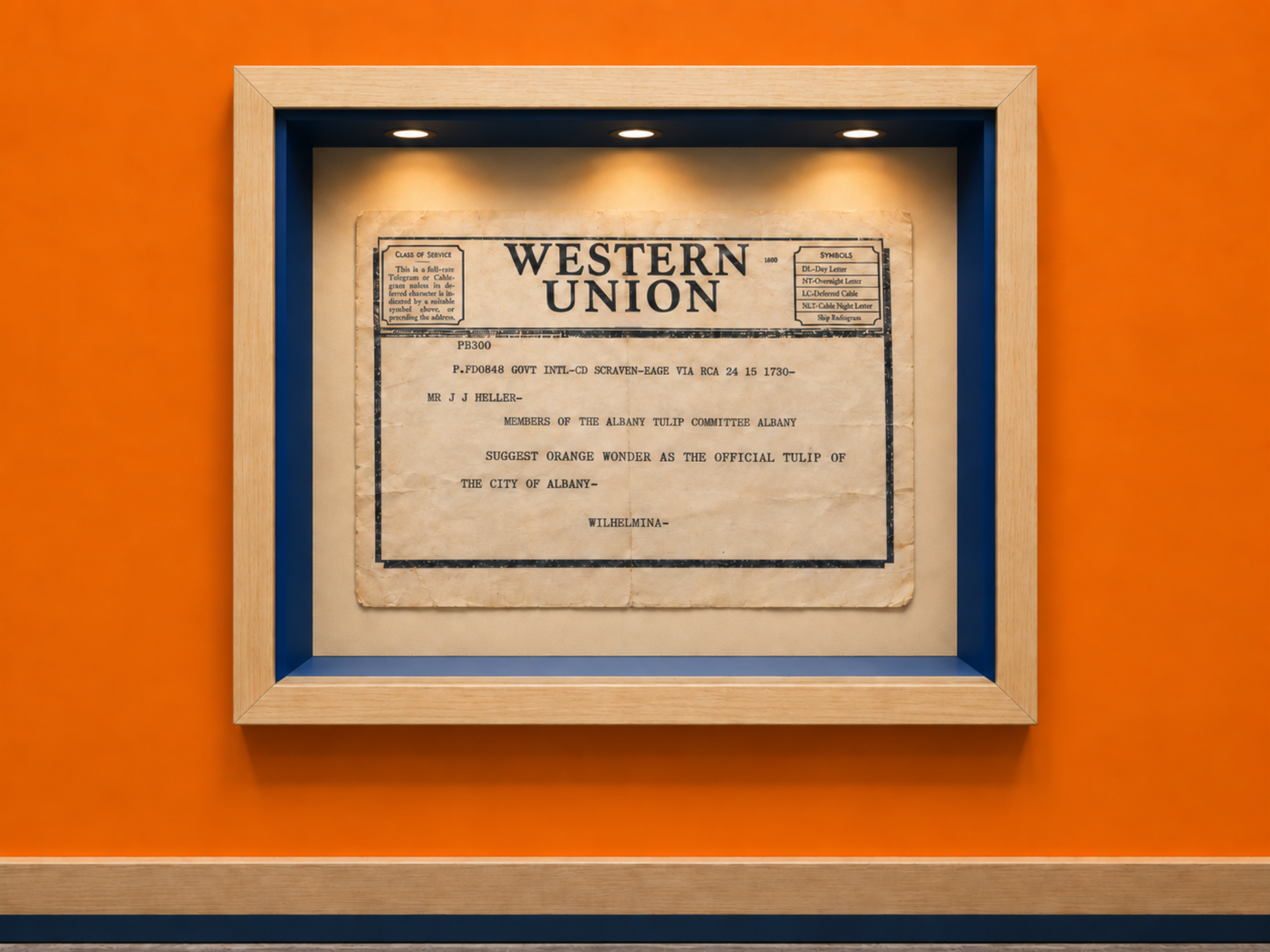 Large-scale reproduction of Queen Wilhelmina’s 1948 telegram naming the Orange Wonder as Albany’s official tulip, displayed in the Albany Orange Wonders exhibition.