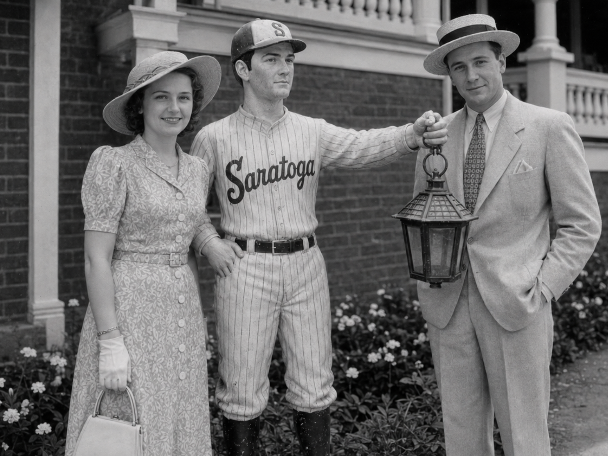 Two well-dressed Saratoga patrons pose beside uniformed lawn-jockey lantern figures outside The Hatbox.