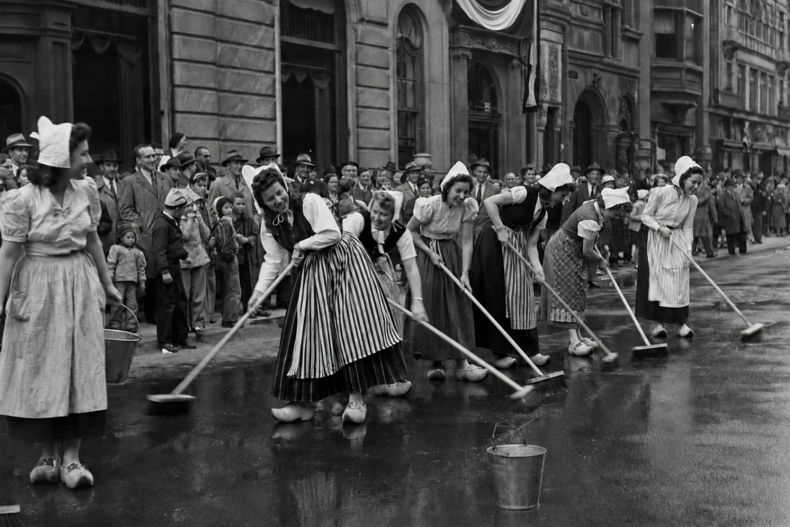 Historical reconstruction of women scrubbing State Street during Albany’s first Tulip Festival in 1949.