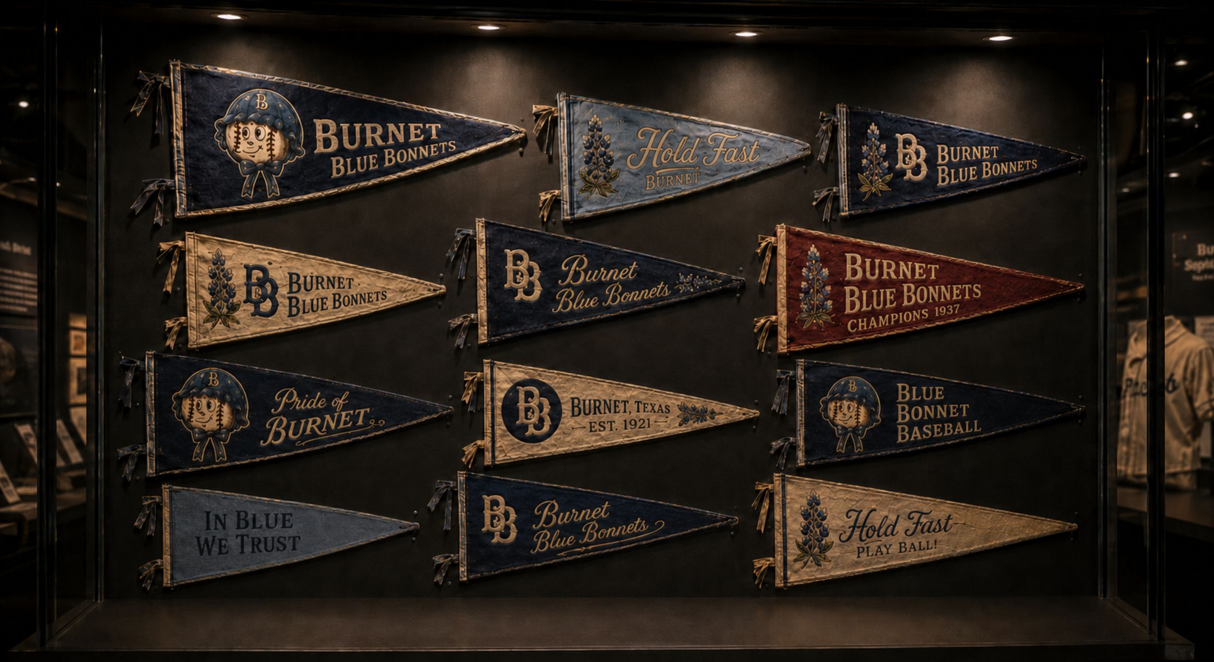 Collection of vintage Burnet Blue Bonnets team pennants.
