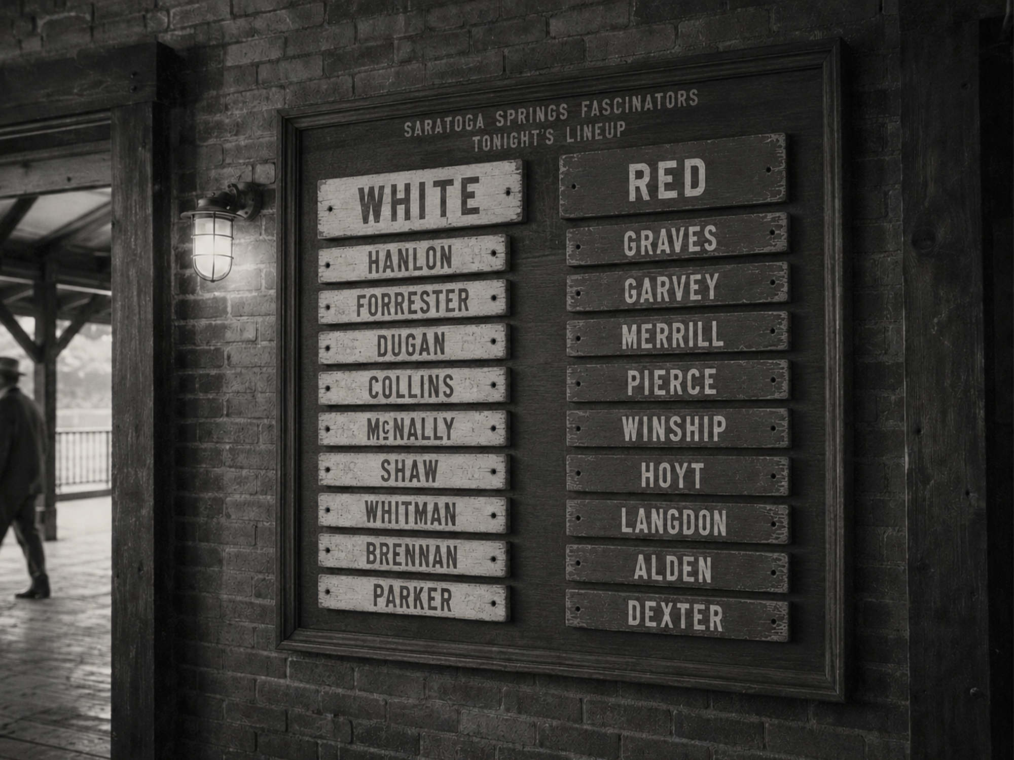 The White and Red player lineup board is posted on a walnut panel inside The Hatbox entrance concourse.