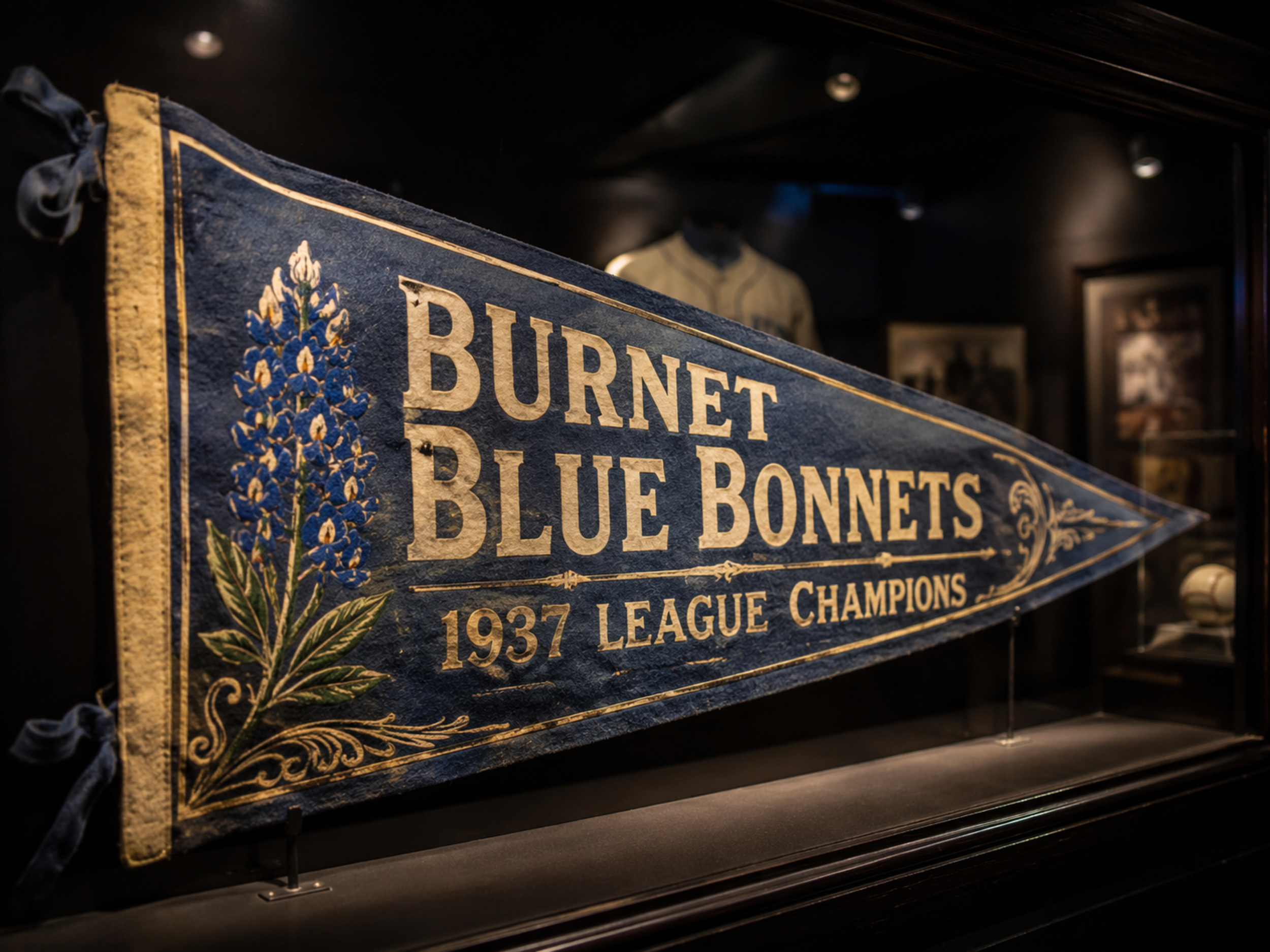 Museum display of a vintage Burnet Blue Bonnets 1937 League Champions pennant, shown under dark museum exhibit lighting with felt lettering and bluebonnet decoration.