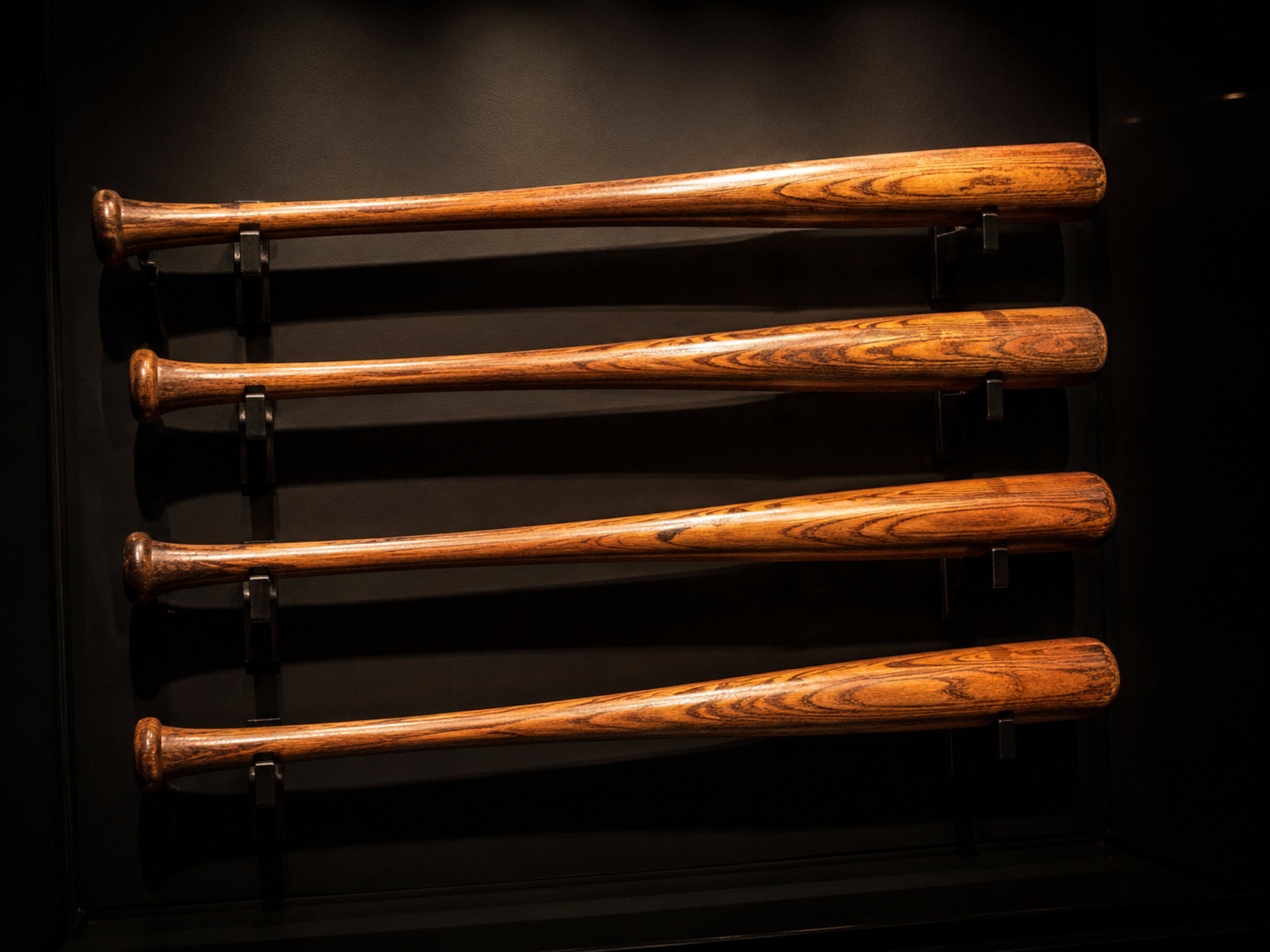 Museum display of four vintage Burnet Blue Bonnets wooden baseball bats mounted horizontally under dark exhibit lighting.