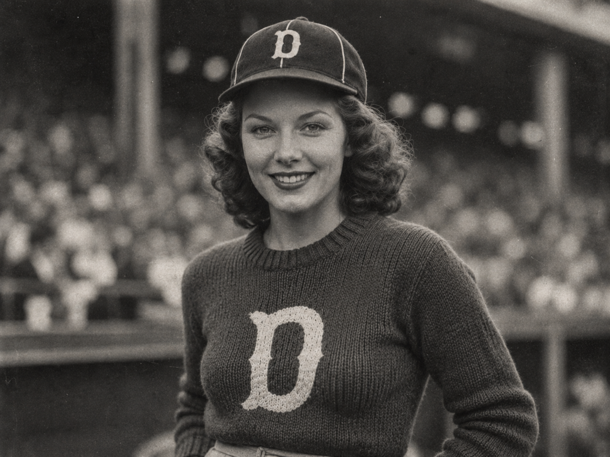 Black-and-white portrait of a smiling young woman at West End Park wearing a hand-knit Davenport D sweater and Deadheaders cap.