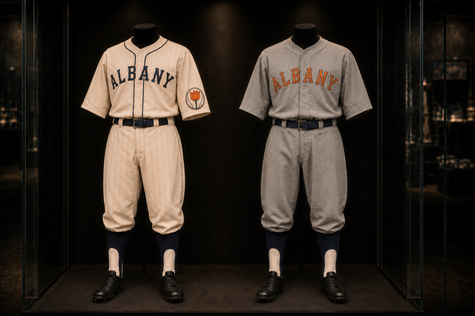 Albany Orange Wonders home and travel uniforms in museum display.