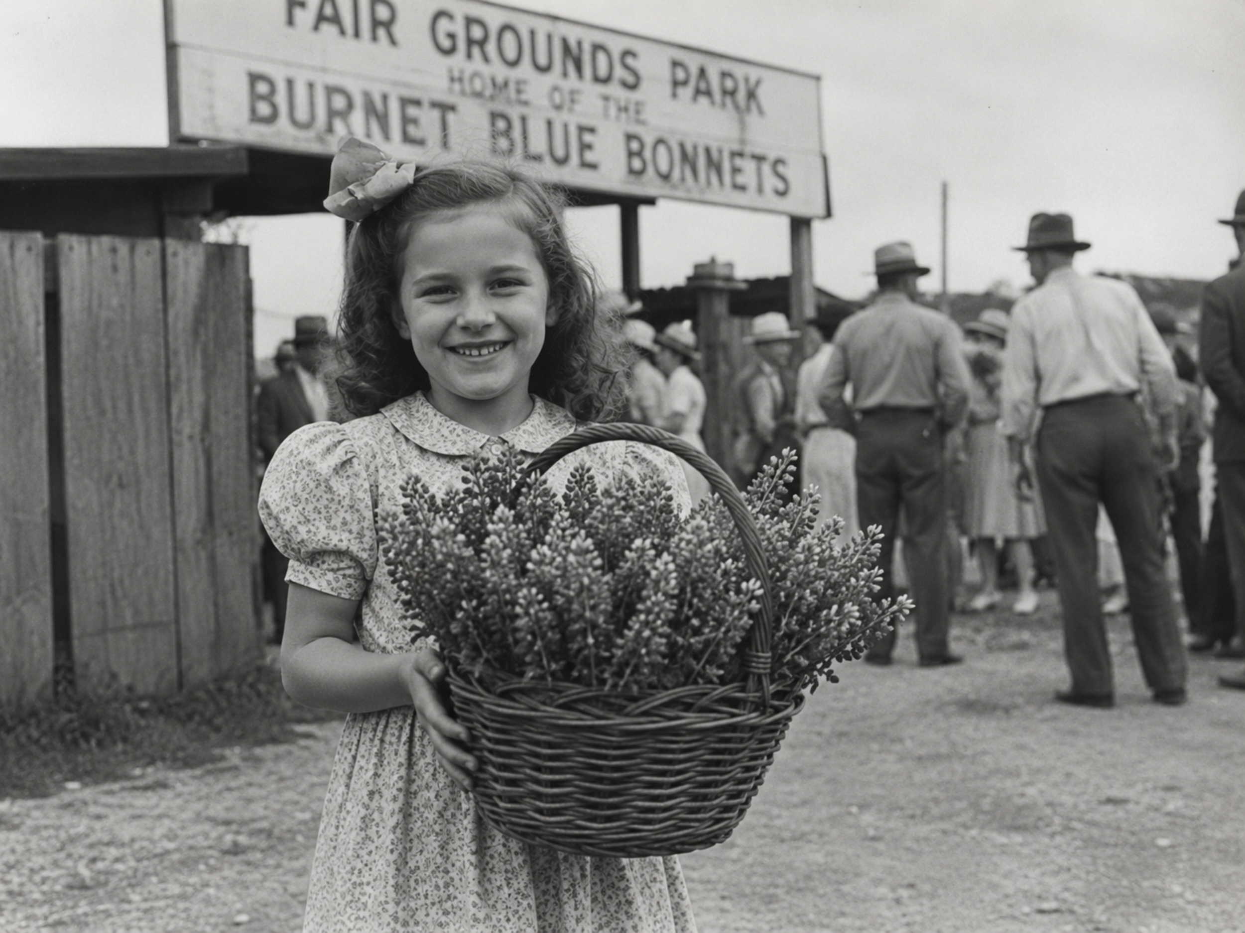 Black-and-white 1940s photograph of a smiling young girl holding a basket of bluebonnet flowers outside the Fair Grounds Park entrance, with game-day spectators gathered behind her.