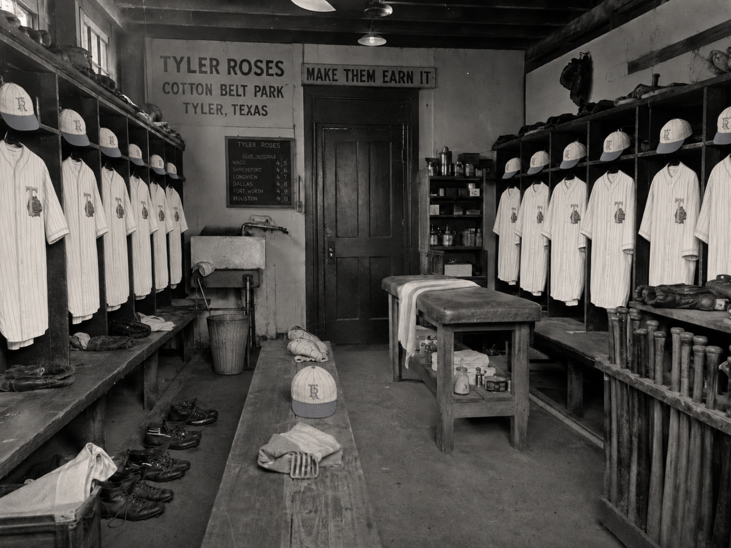 Tyler Roses clubhouse with uniforms.