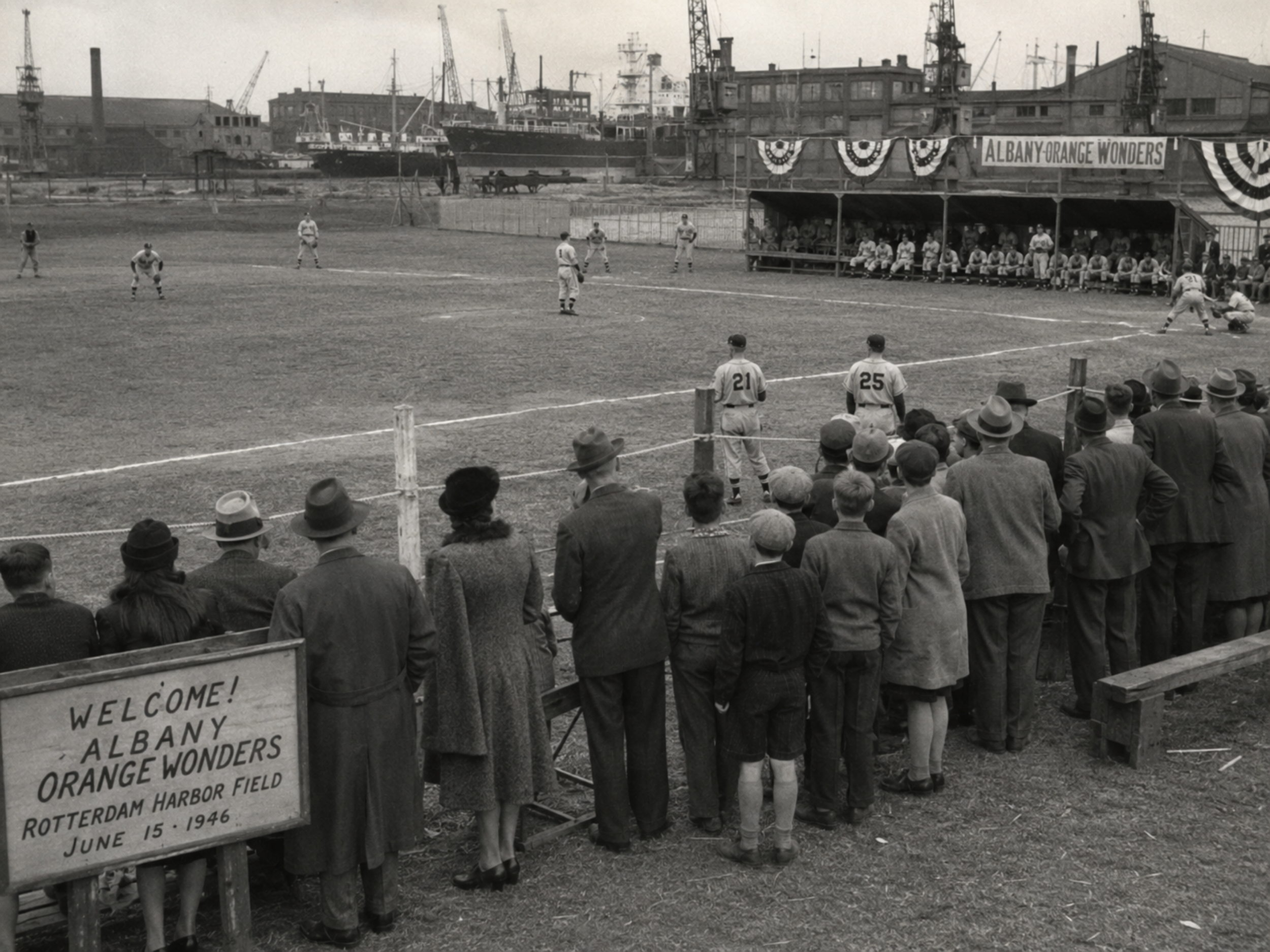Crowd behind rope lines at Rotterdam harbor baseball ground.