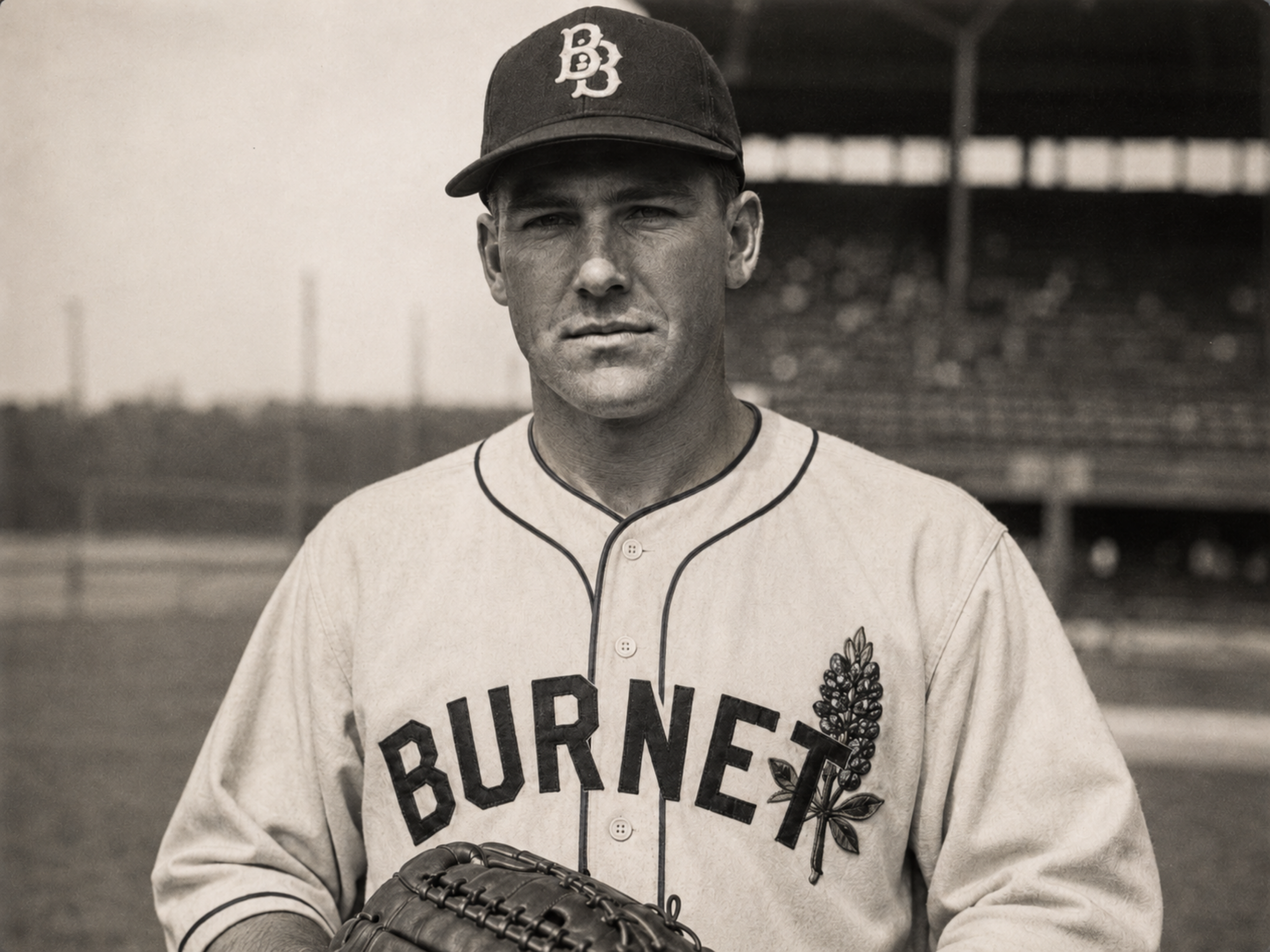 Ellis “Buck” Harlan, right-handed pitcher for the 1937 Burnet Blue Bonnets, shown in vintage uniform.