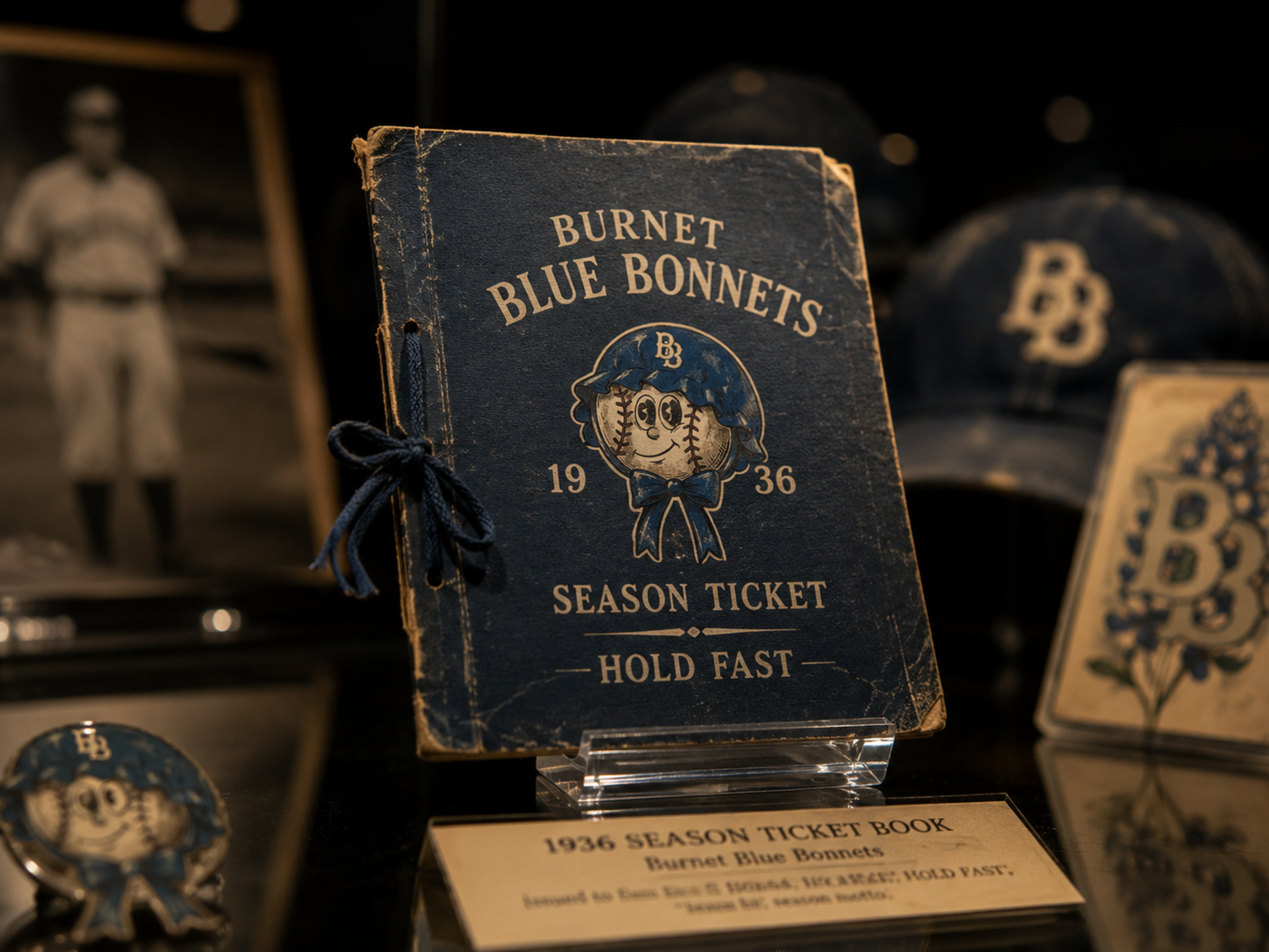 Museum display of a 1936 Burnet Blue Bonnets season ticket book with Hold Fast on the cover, surrounded by blurred Blue Bonnets keepsakes under museum lighting.