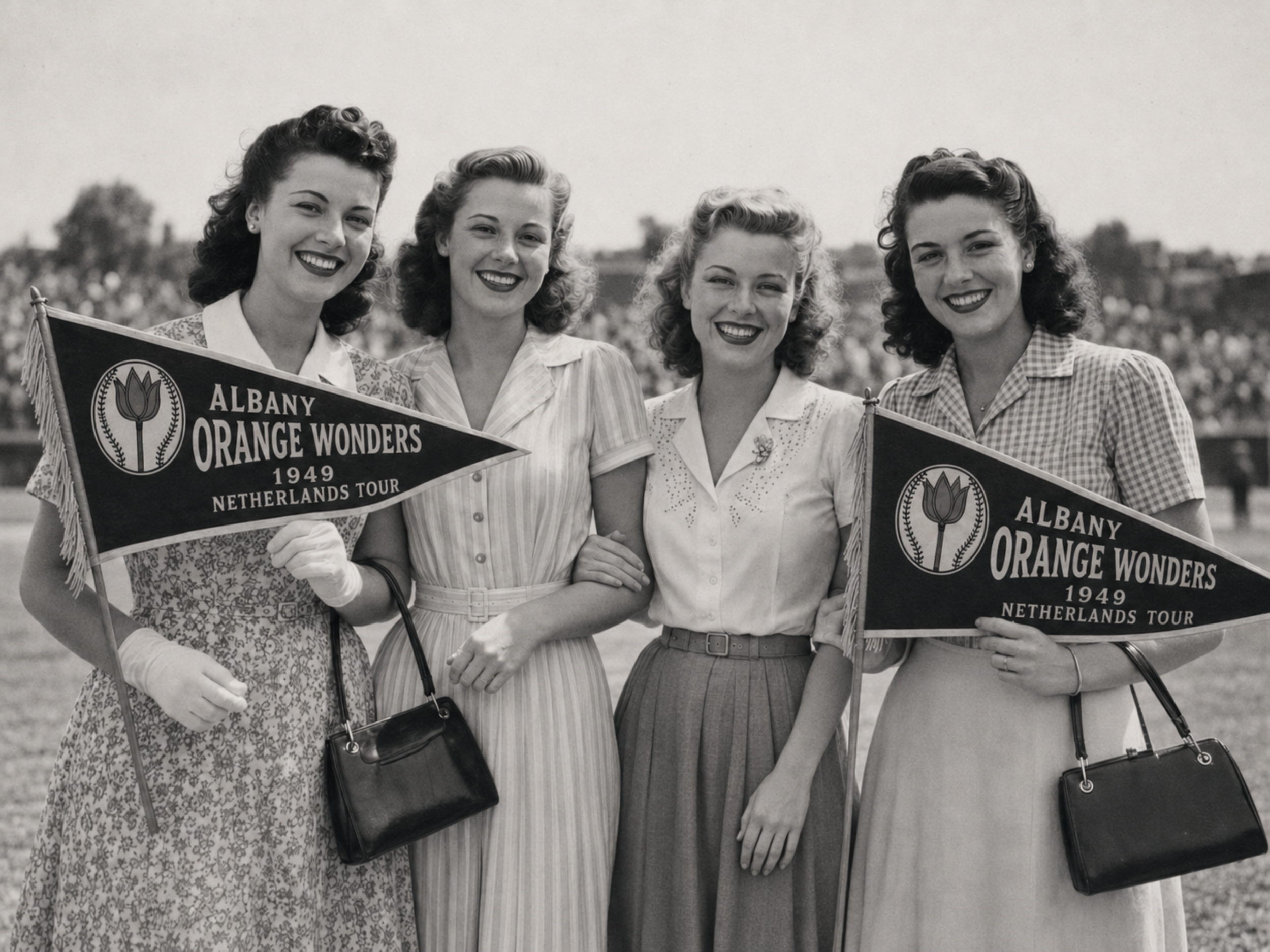 Black-and-white photograph of four Dutch women holding Albany Orange Wonders pennants before a 1949 Netherlands tour game.