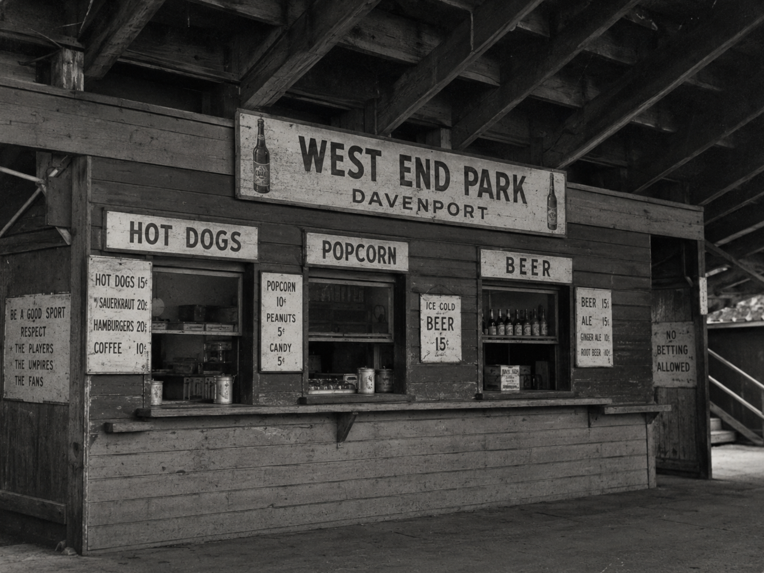 Empty West End Park concession stand with service windows for hot dogs, popcorn, and beer beneath the grandstand.