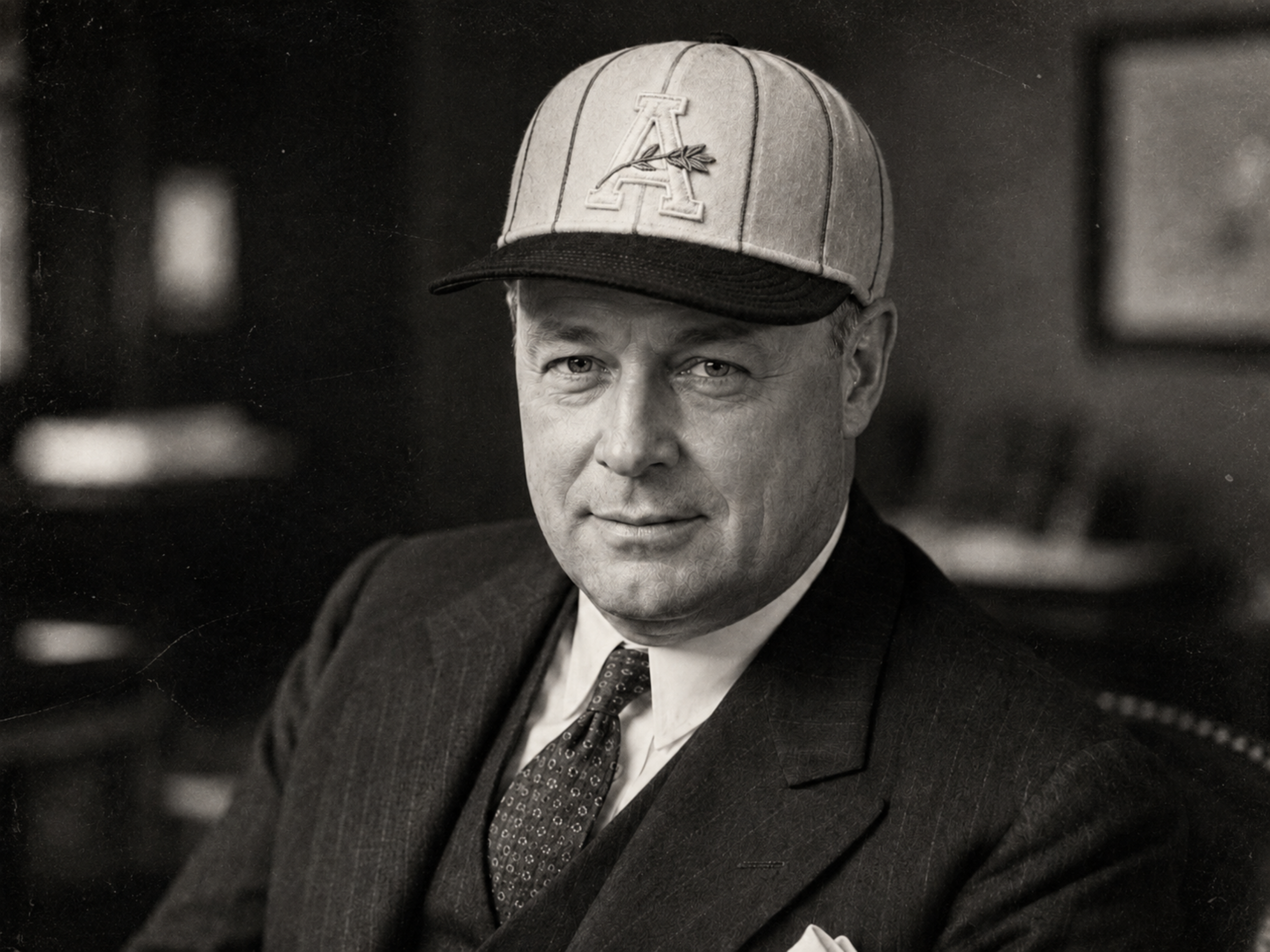 Black-and-white portrait of Edward J. McNulty wearing an Albany Orange Wonders cap and dark suit.