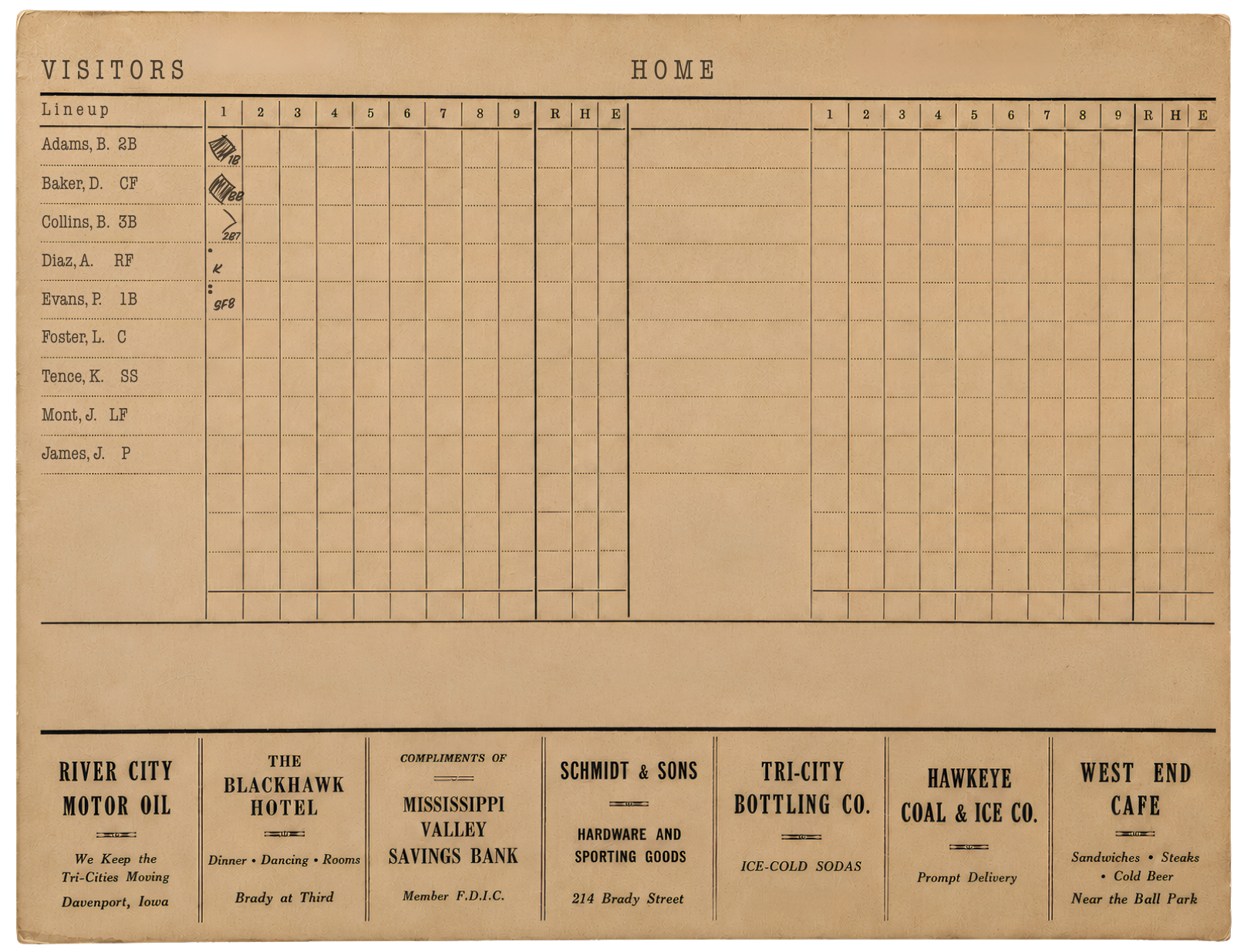 Scorecard after Evans hits a sacrifice fly to center, showing Baker scored, Collins still at second and two outs.