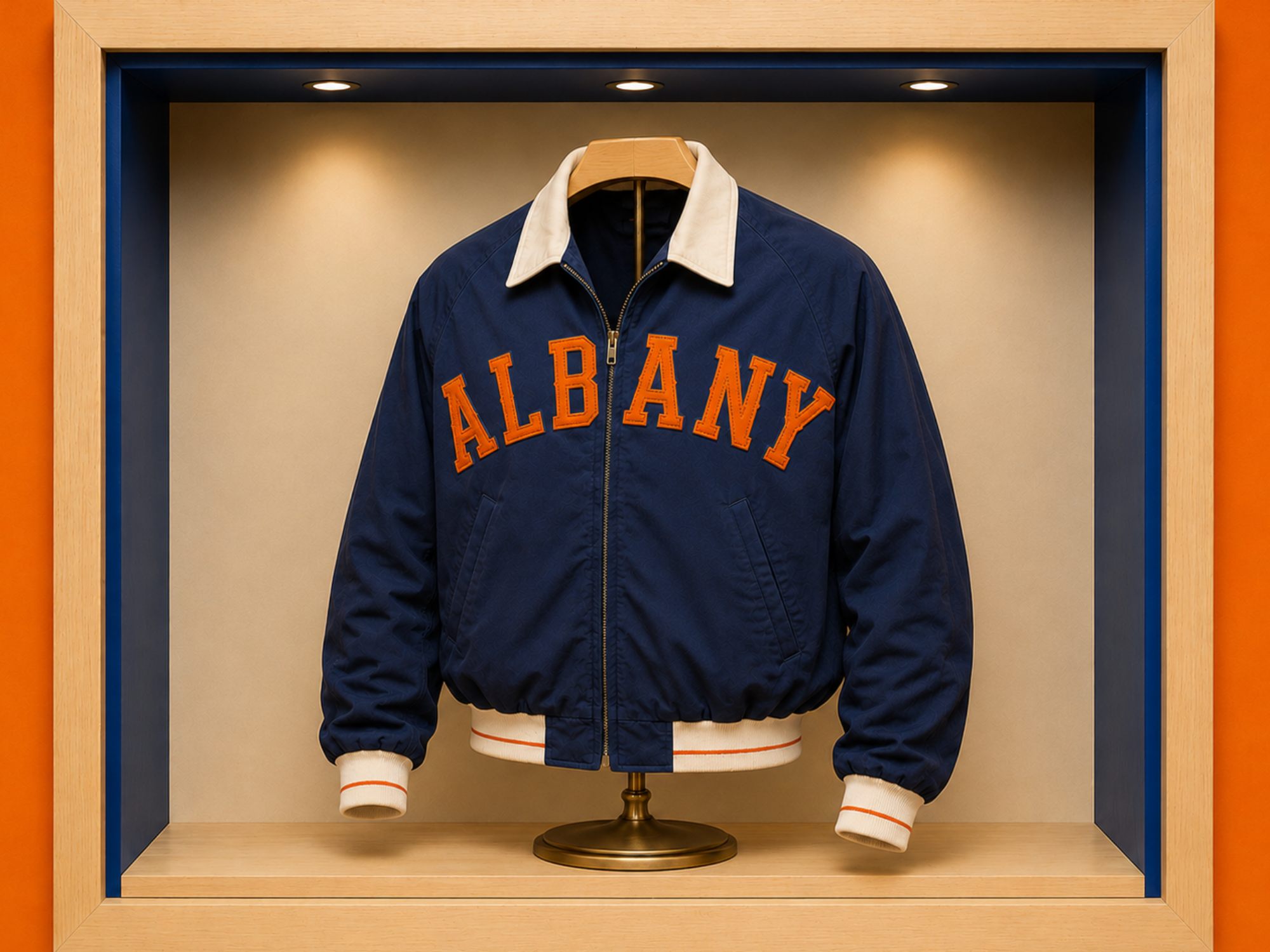 Lightweight navy Albany Orange Wonders dugout jacket with a cream collar and knit trim and orange ALBANY lettering across the chest.