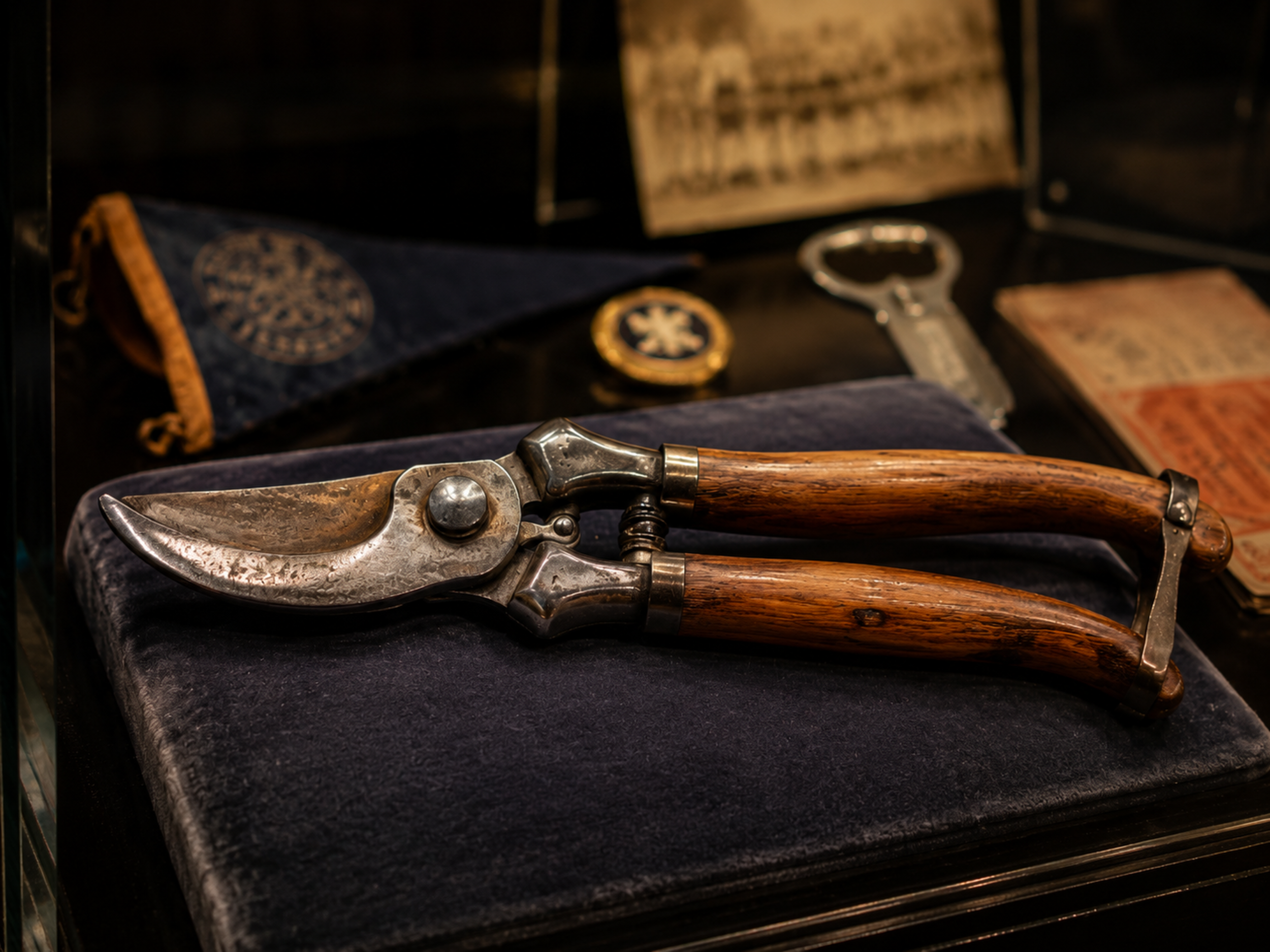 West End Hardware pruning shears with wooden handles, displayed as a 1946 Davenport Deadheaders fan giveaway.