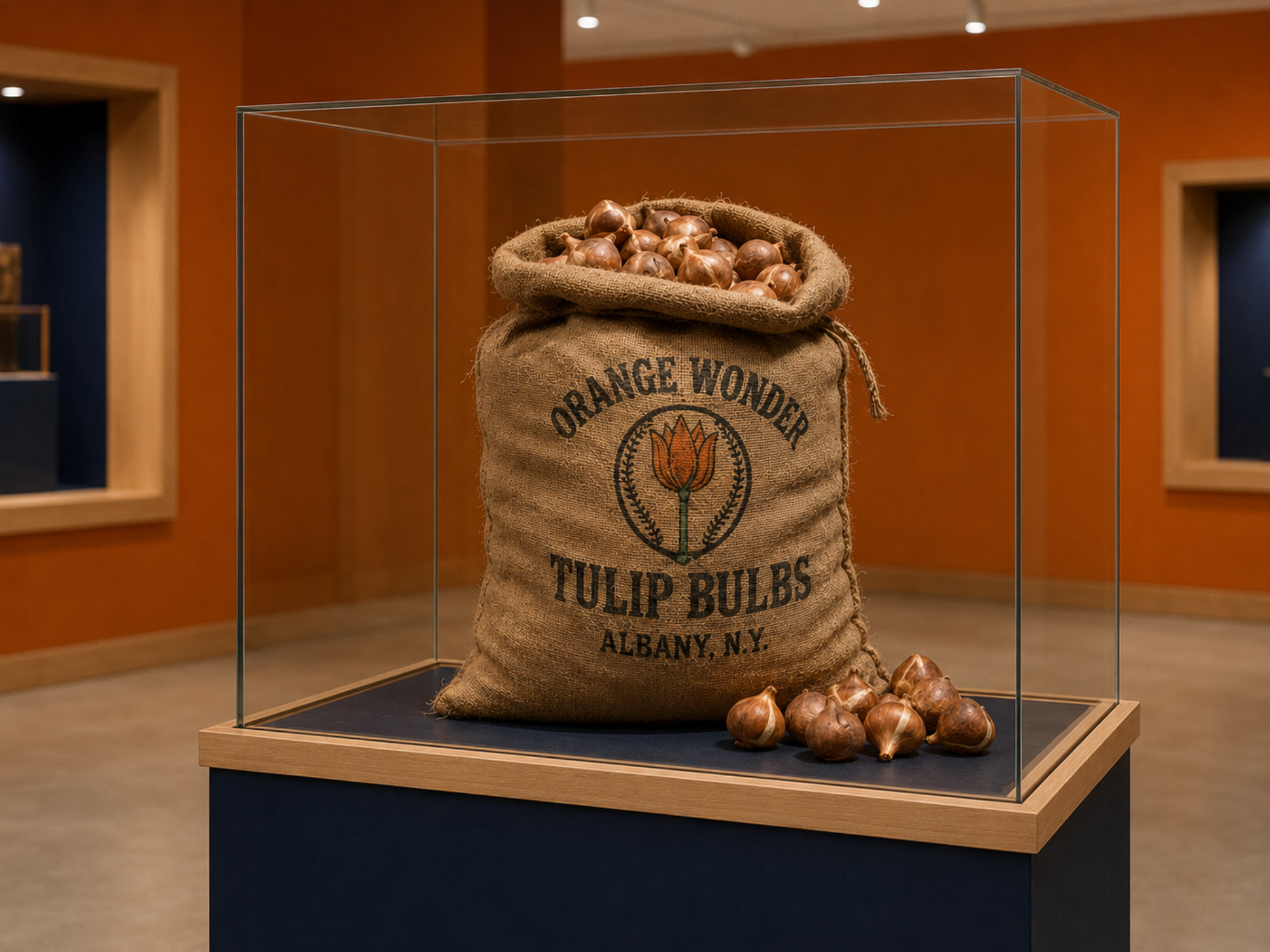 A sack of Orange Wonder tulip bulbs, representing the bulbs presented to the team delegation before departing the Netherlands for New York.