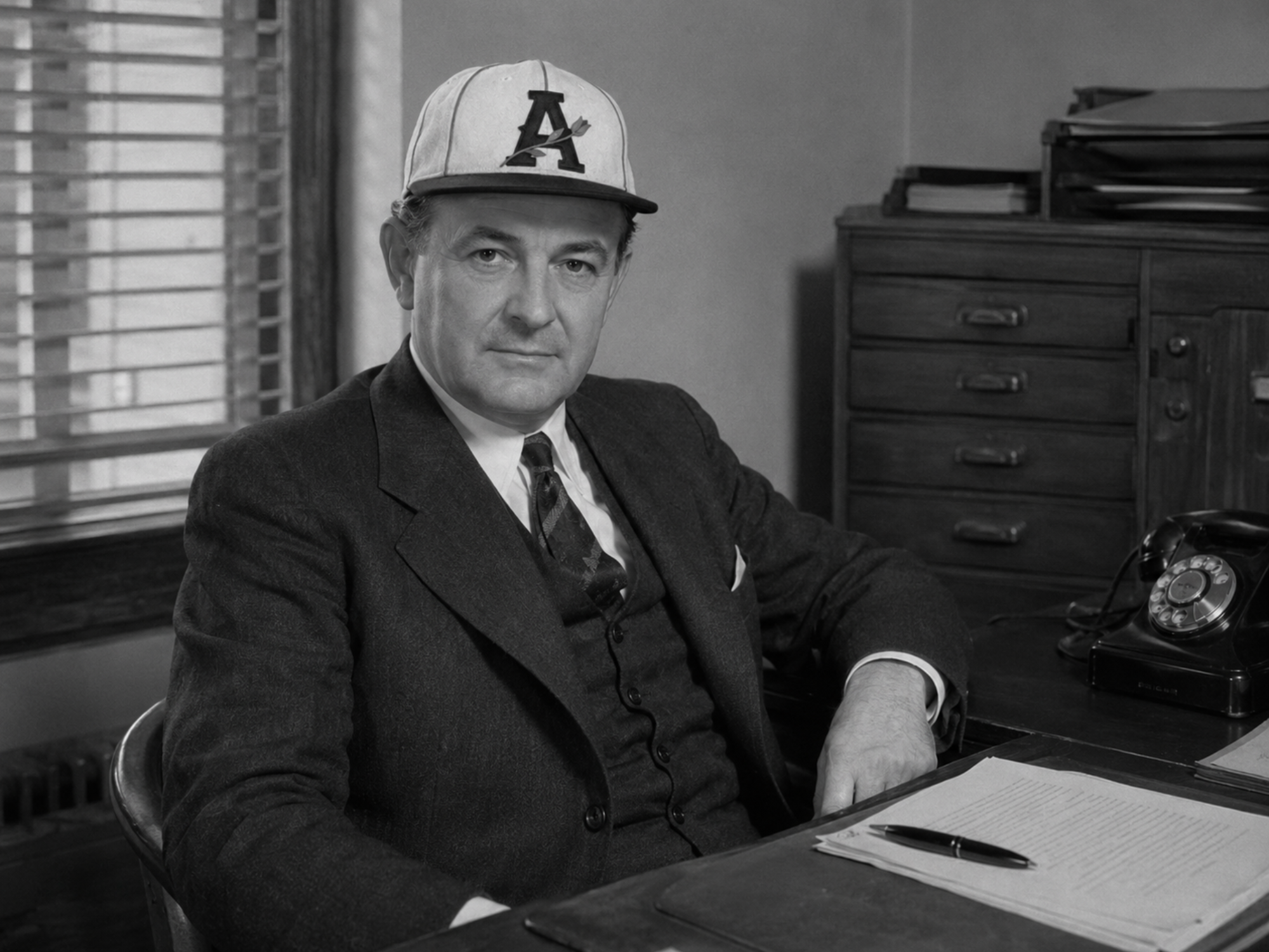 Black-and-white portrait of Edward J. McNulty wearing an Orange Wonders cap in his Albany office.