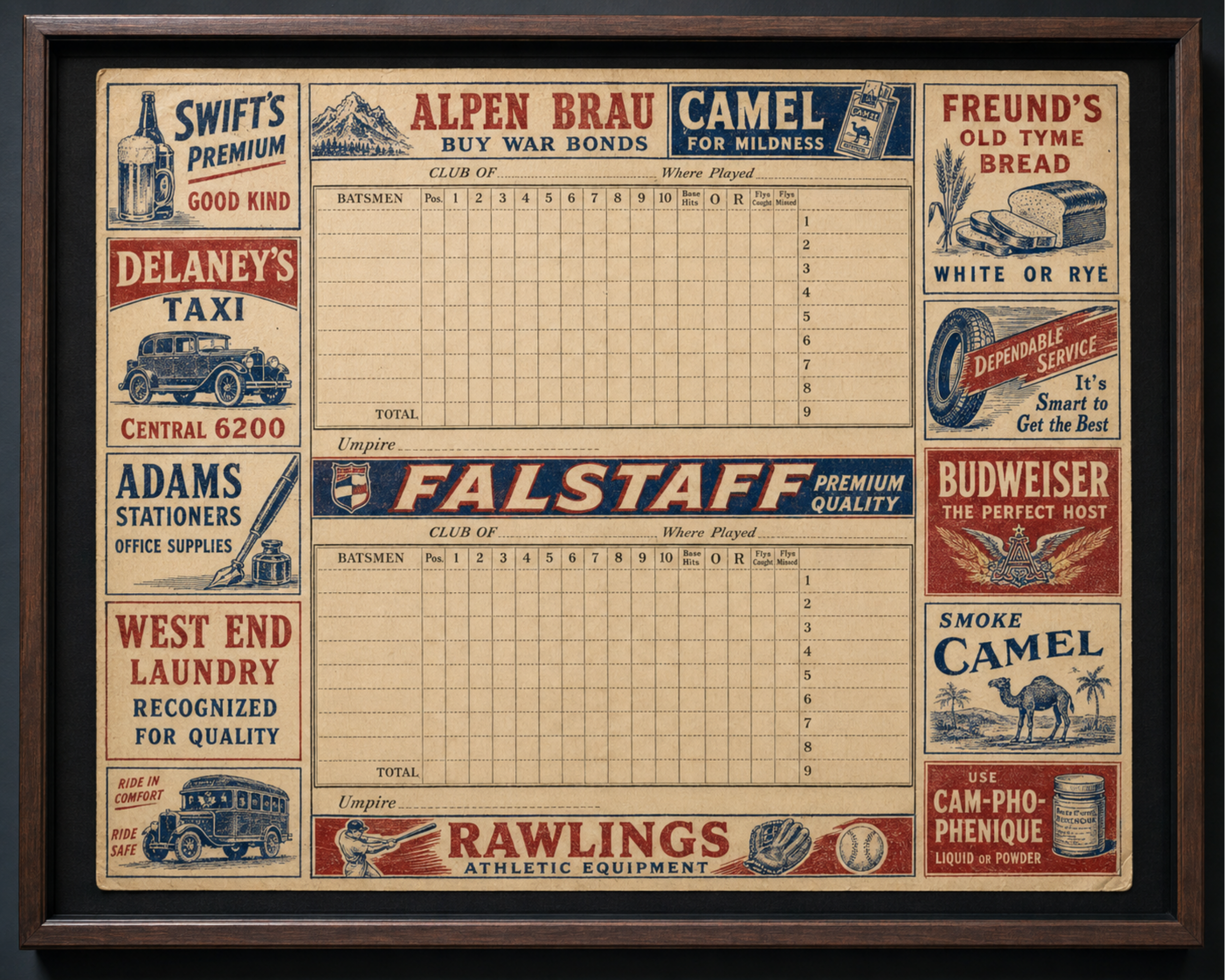 Vintage 1940s baseball scorecard with local advertising. On display in The Ball Club Register Museum.