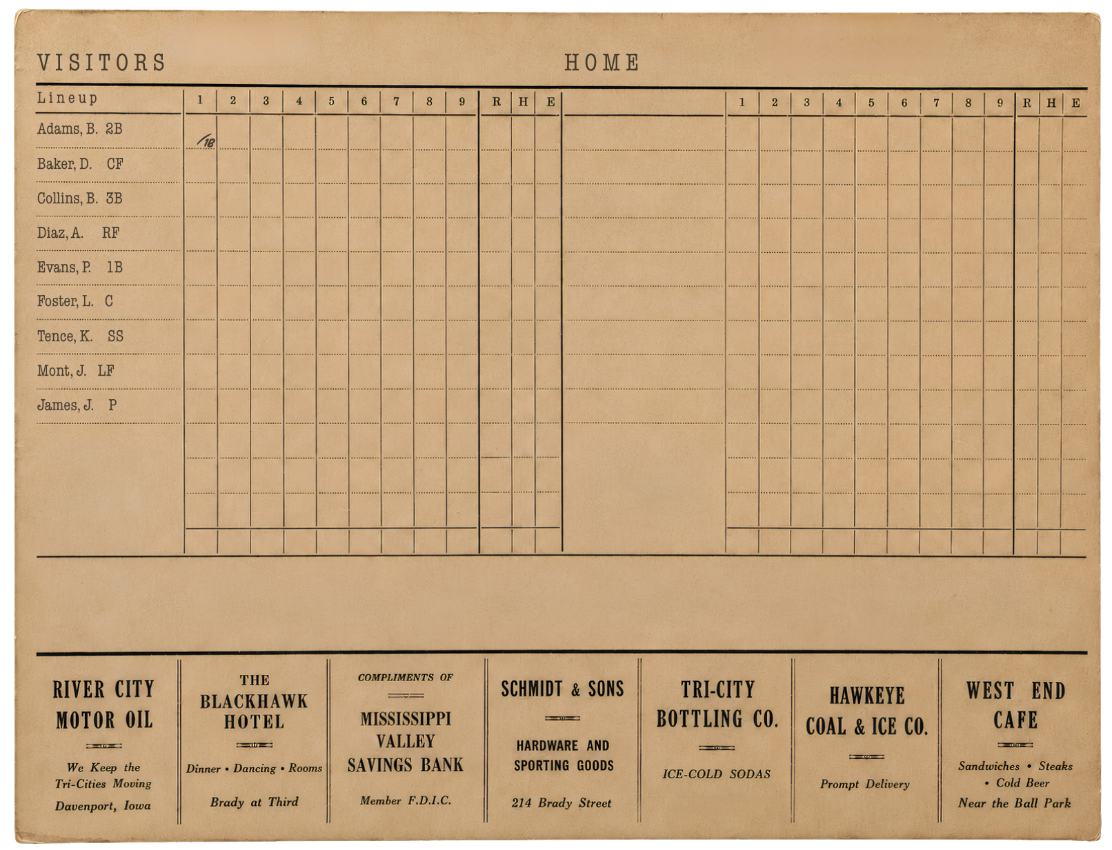 Scorecard after Adams singles, showing Adams on first base with no outs.