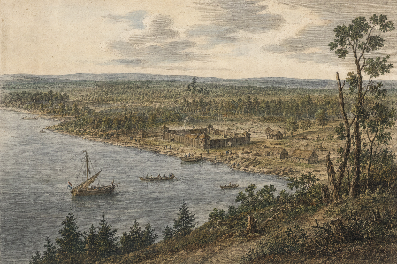 Historical reconstruction of Fort Orange as a small Dutch trading post beside the Hudson River in the 1620s.