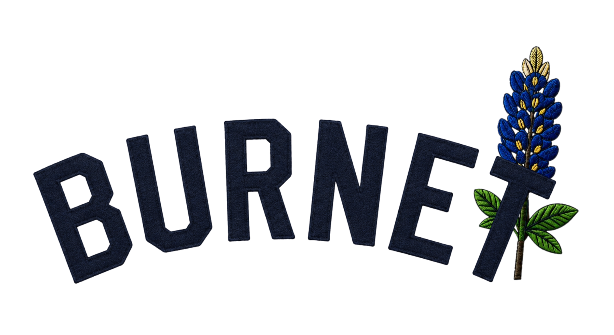 Burnet Blue Bonnets primary wordmark, in felt with embroidered bluebonnet flower.